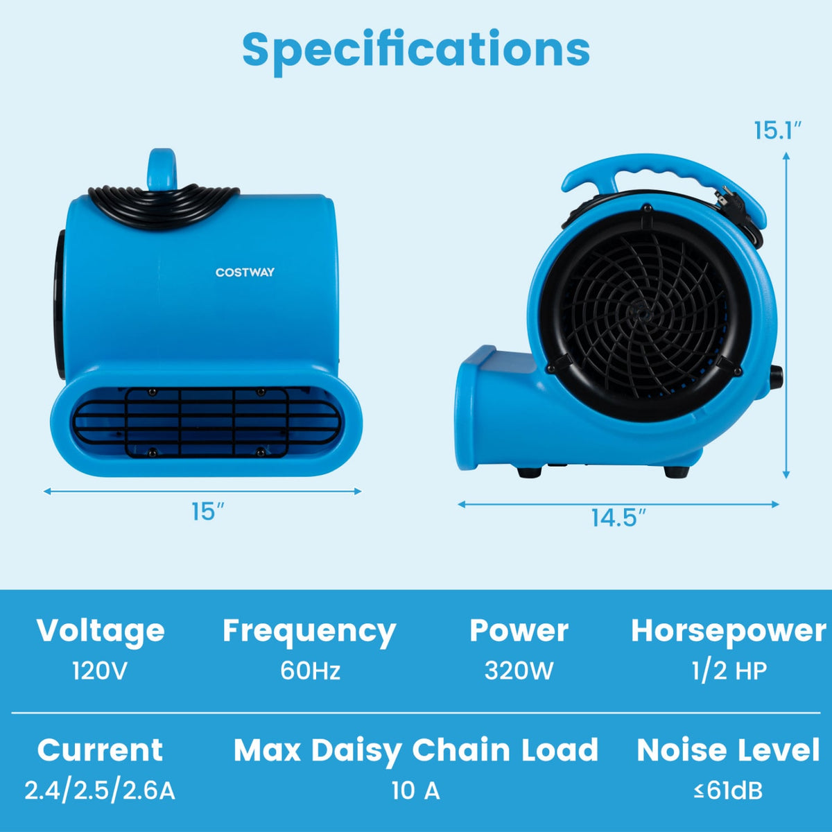 1/2 HP Air Mover 3-Speed 2800 CFM Commercial Blower Fan-Blue-Climate Control Appliances-DECOROLALA