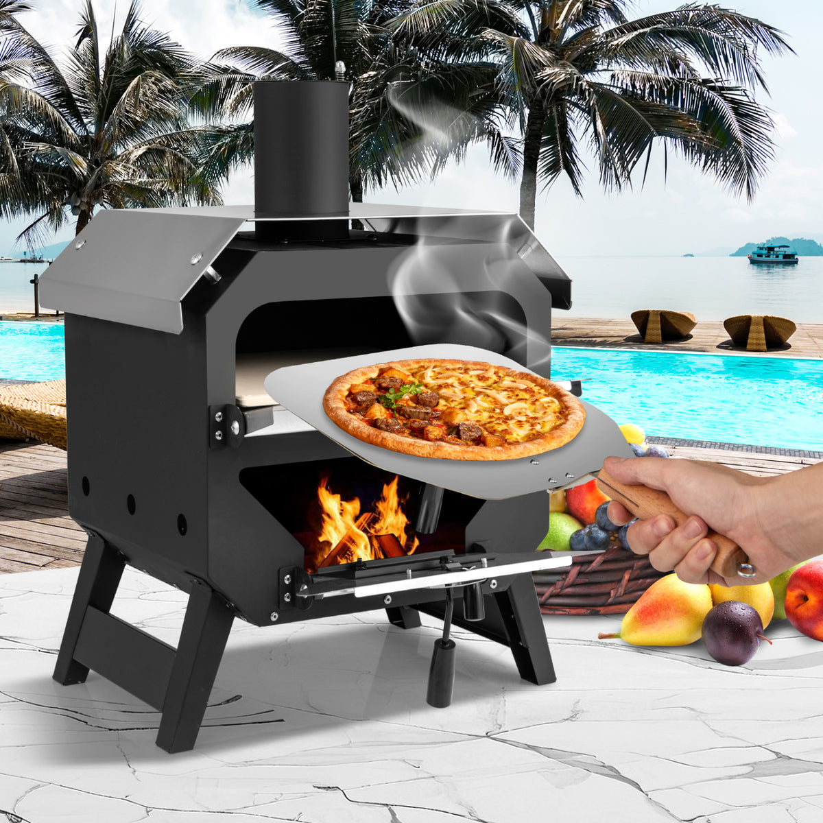 12 Inch Outdoor Pizza Oven with Pizza Stone for Patio Backyard Camping BBQ-Black-Outdoor Grills-DECOROLALA
