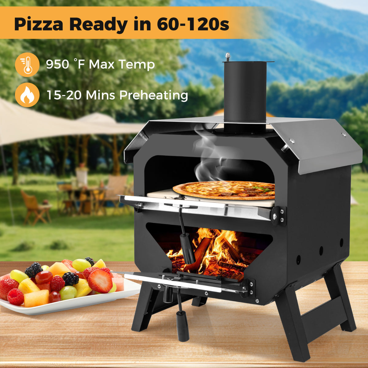 12 Inch Outdoor Pizza Oven with Pizza Stone for Patio Backyard Camping BBQ-Black-Outdoor Grills-DECOROLALA
