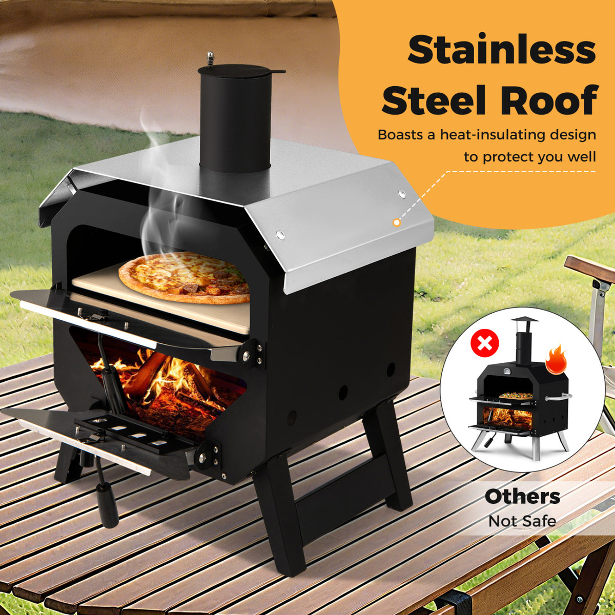 12 Inch Outdoor Pizza Oven with Pizza Stone for Patio Backyard Camping BBQ-Black-Outdoor Grills-DECOROLALA