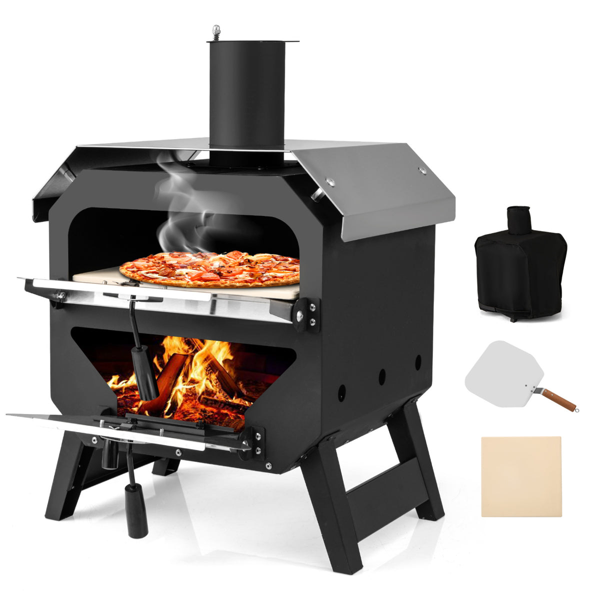 12 Inch Outdoor Pizza Oven with Pizza Stone for Patio Backyard Camping BBQ-Black-Outdoor Grills-DECOROLALA
