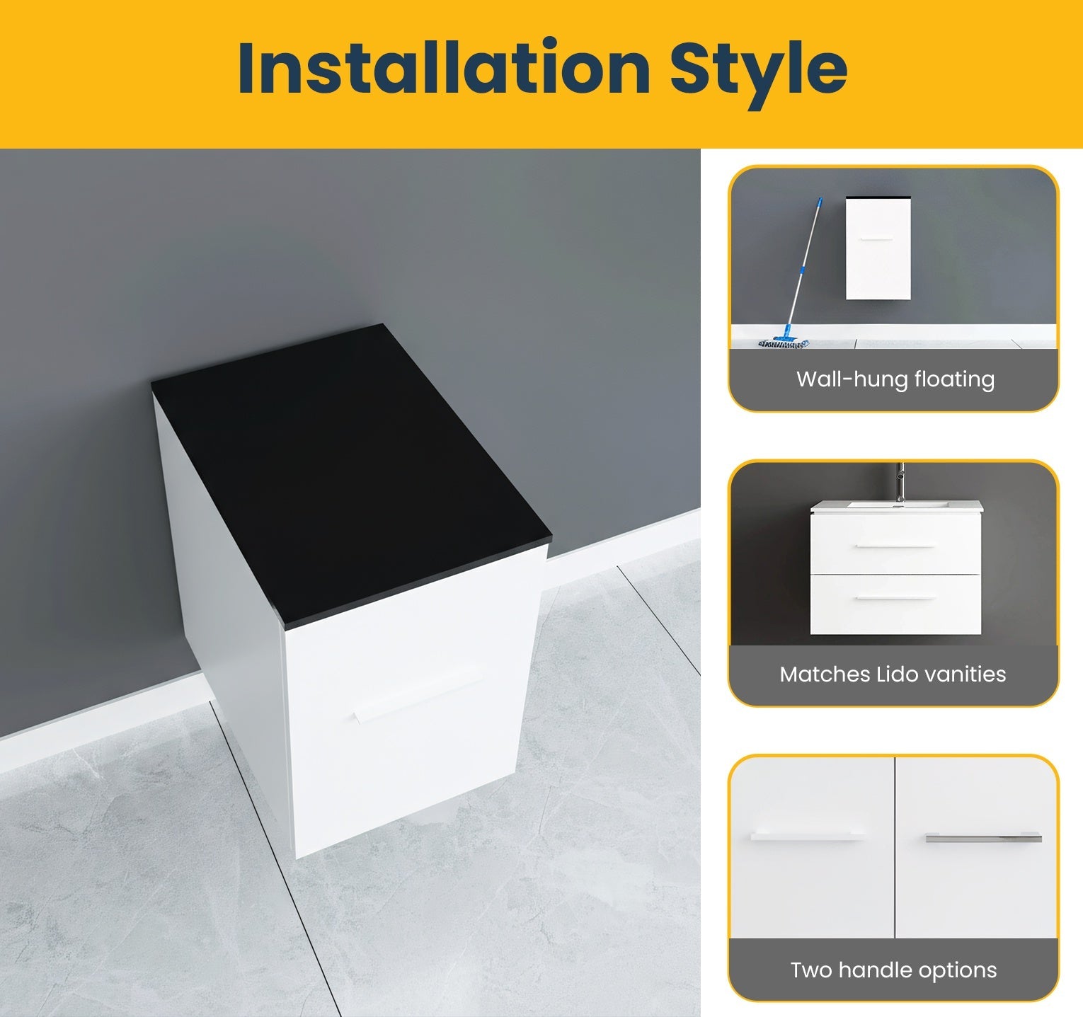 12" Matte White Wall Mount Middle Cabinet with Black Tempered Glass Countertop-Migration_Bathroom Vanities-DECOROLALA