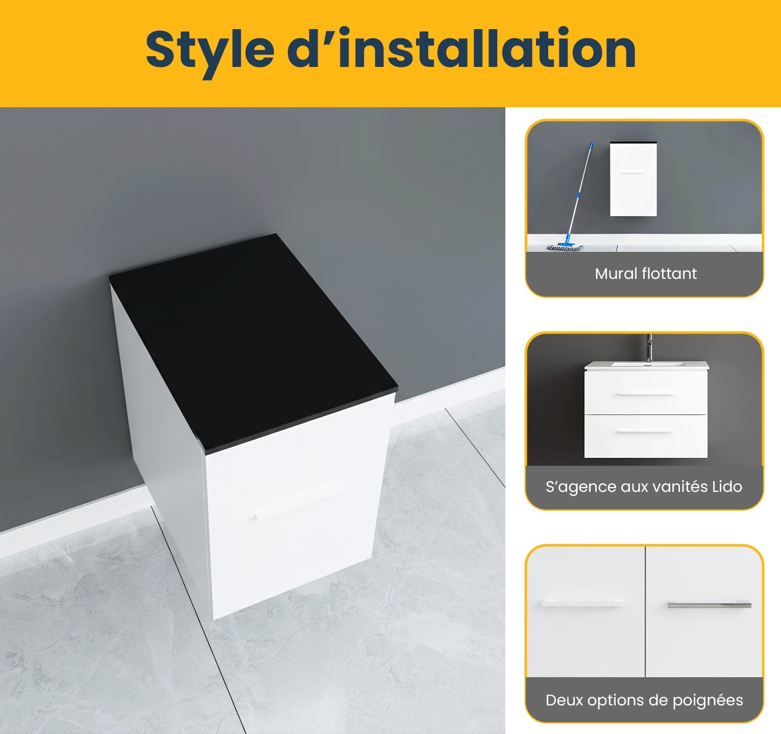 12" Matte White Wall Mount Middle Cabinet with Black Tempered Glass Countertop-Migration_Bathroom Vanities-DECOROLALA