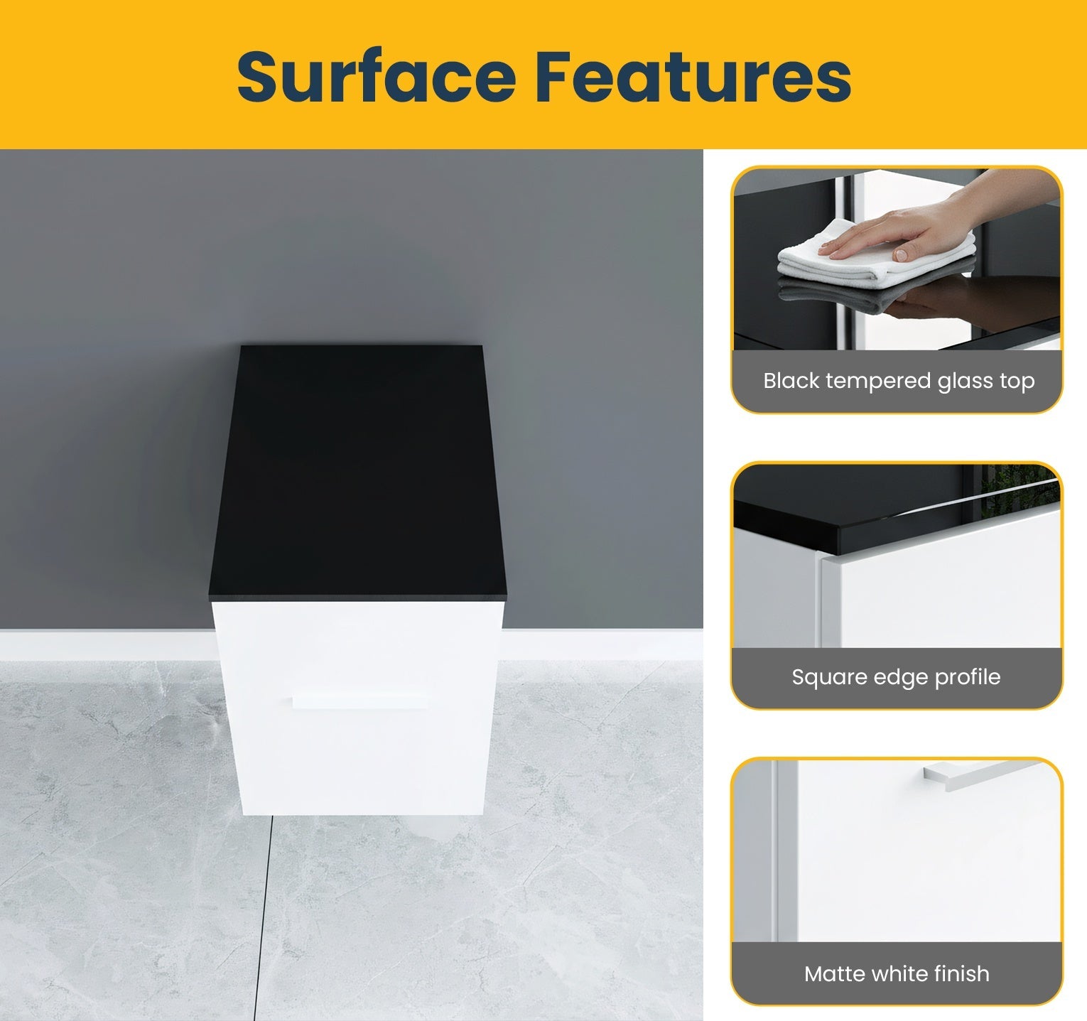 12" Matte White Wall Mount Middle Cabinet with Black Tempered Glass Countertop-Migration_Bathroom Vanities-DECOROLALA