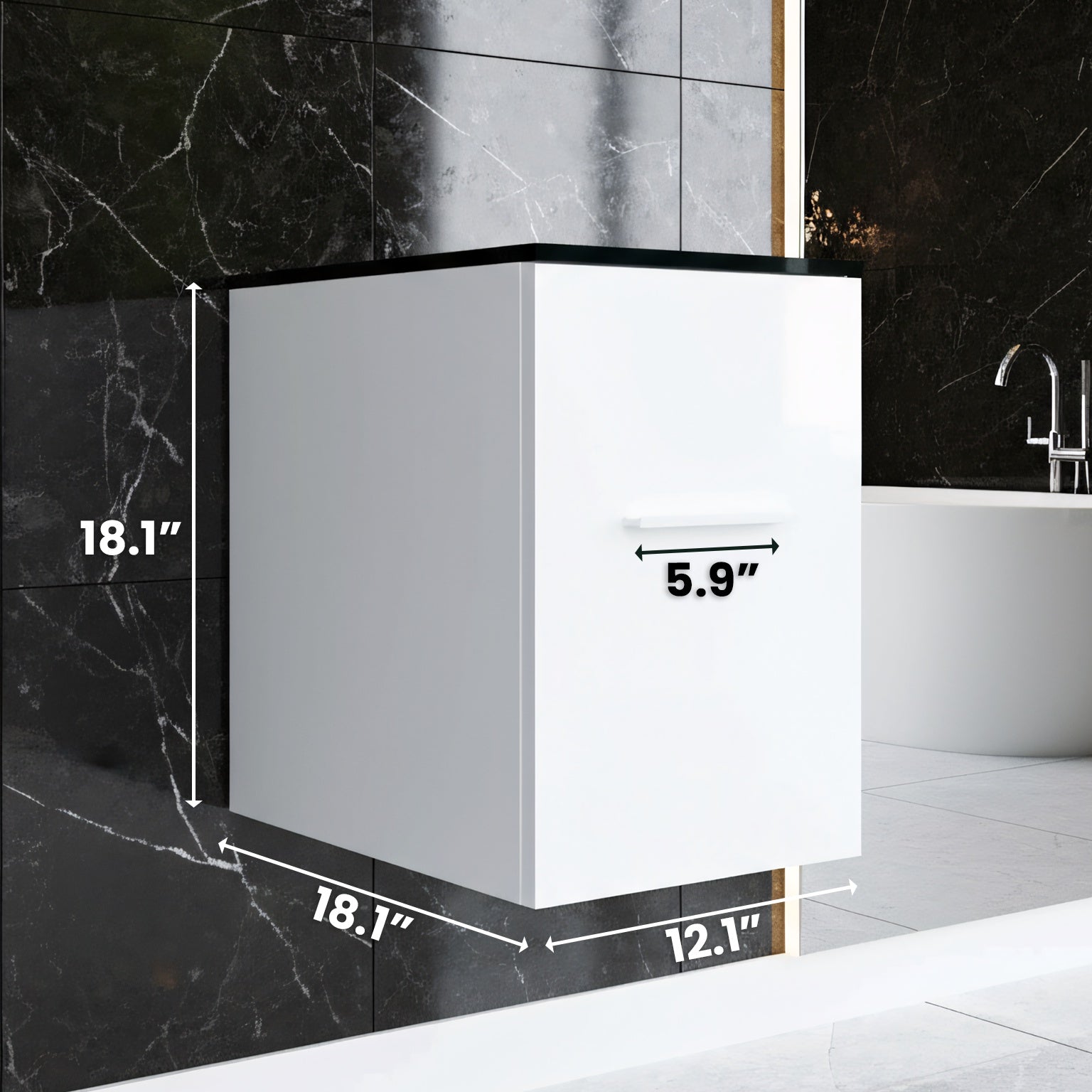 12" Matte White Wall Mount Middle Cabinet with Black Tempered Glass Countertop-Migration_Bathroom Vanities-DECOROLALA