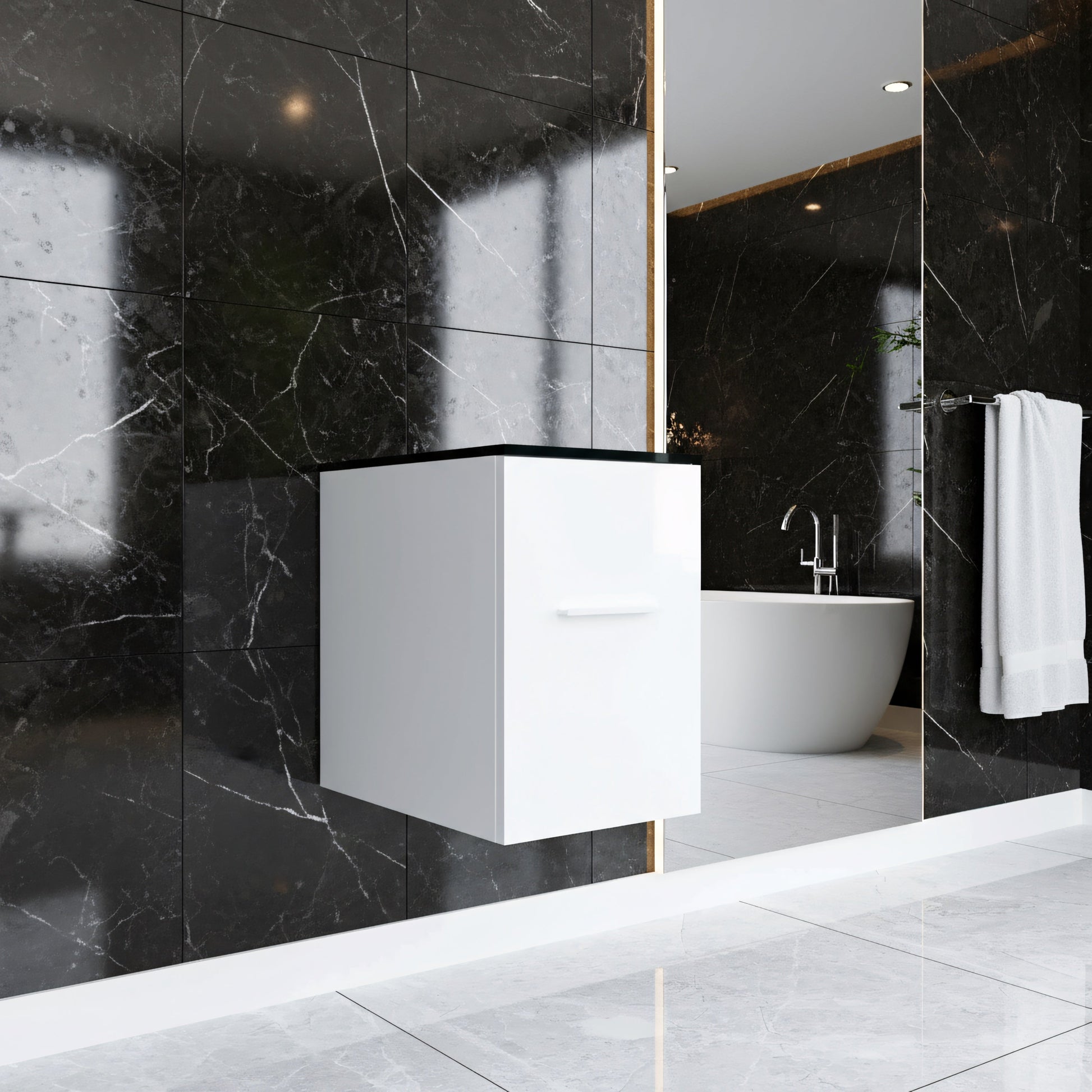 12" Matte White Wall Mount Middle Cabinet with Black Tempered Glass Countertop-Migration_Bathroom Vanities-DECOROLALA