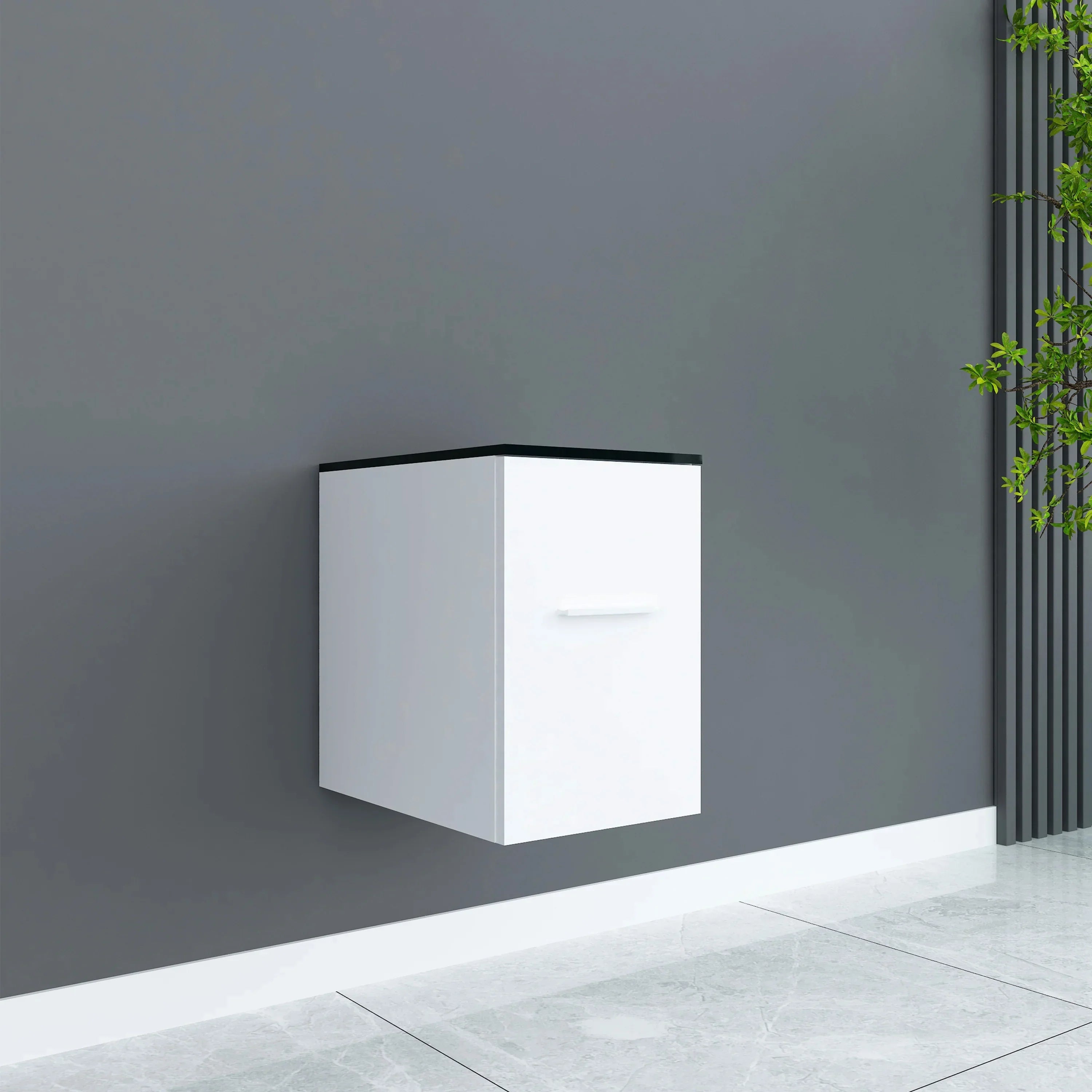 12" Matte White Wall Mount Middle Cabinet with Black Tempered Glass Countertop-Migration_Bathroom Vanities-DECOROLALA