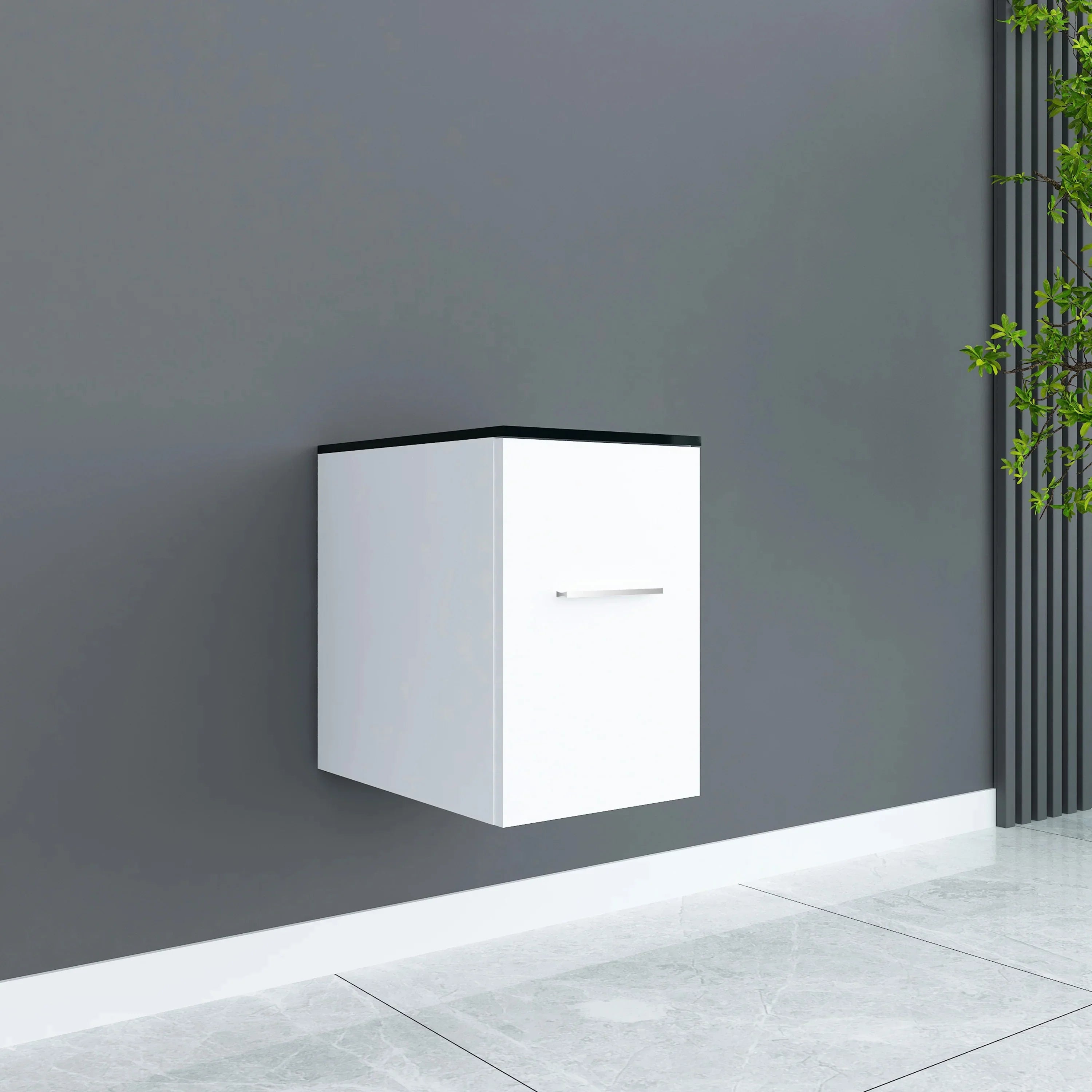 12" Matte White Wall Mount Middle Cabinet with Black Tempered Glass Countertop-Migration_Bathroom Vanities-DECOROLALA