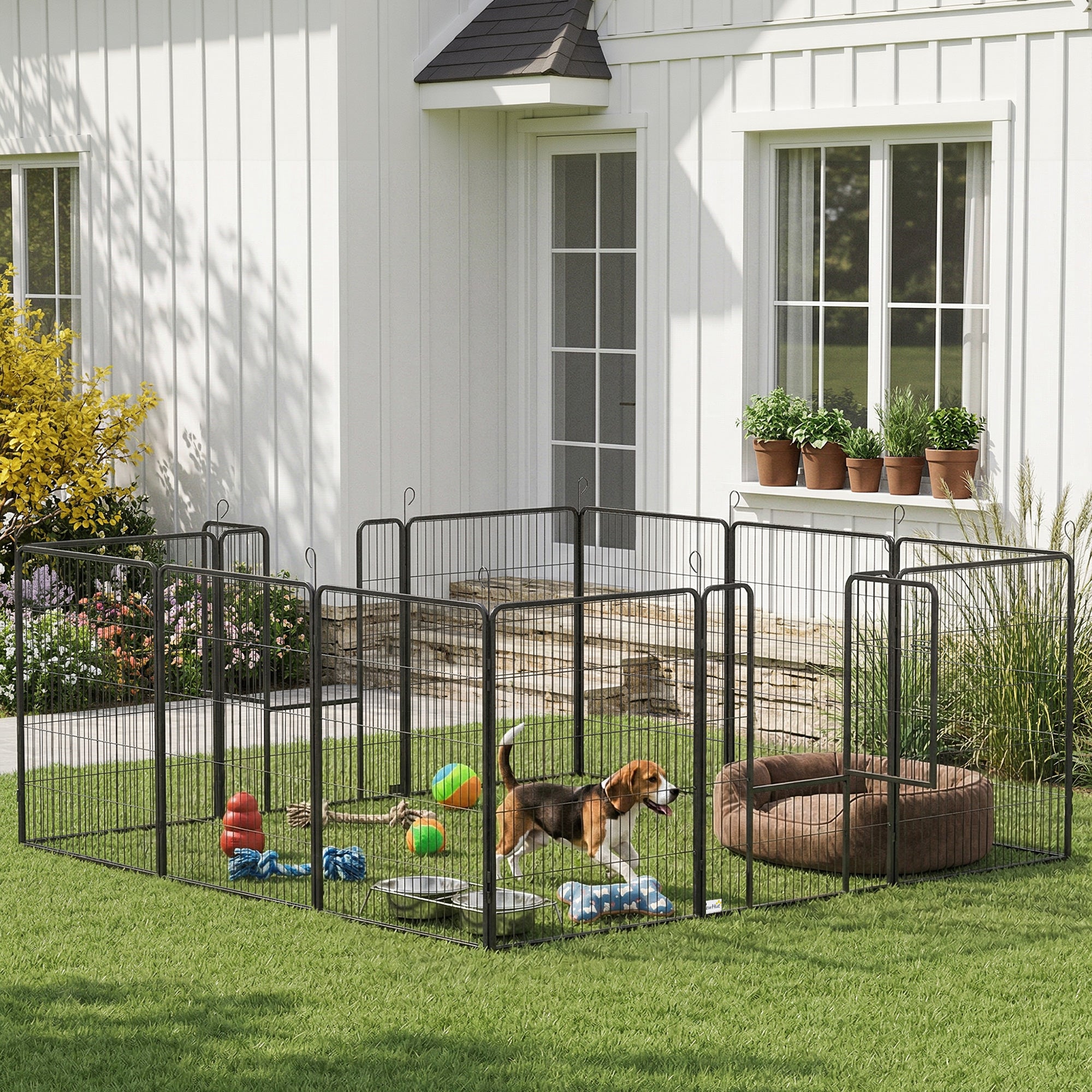 12-Panel Dog Playpen with Gate - 39"H Grey Steel Pet Fence-Dogs-DECOROLALA
