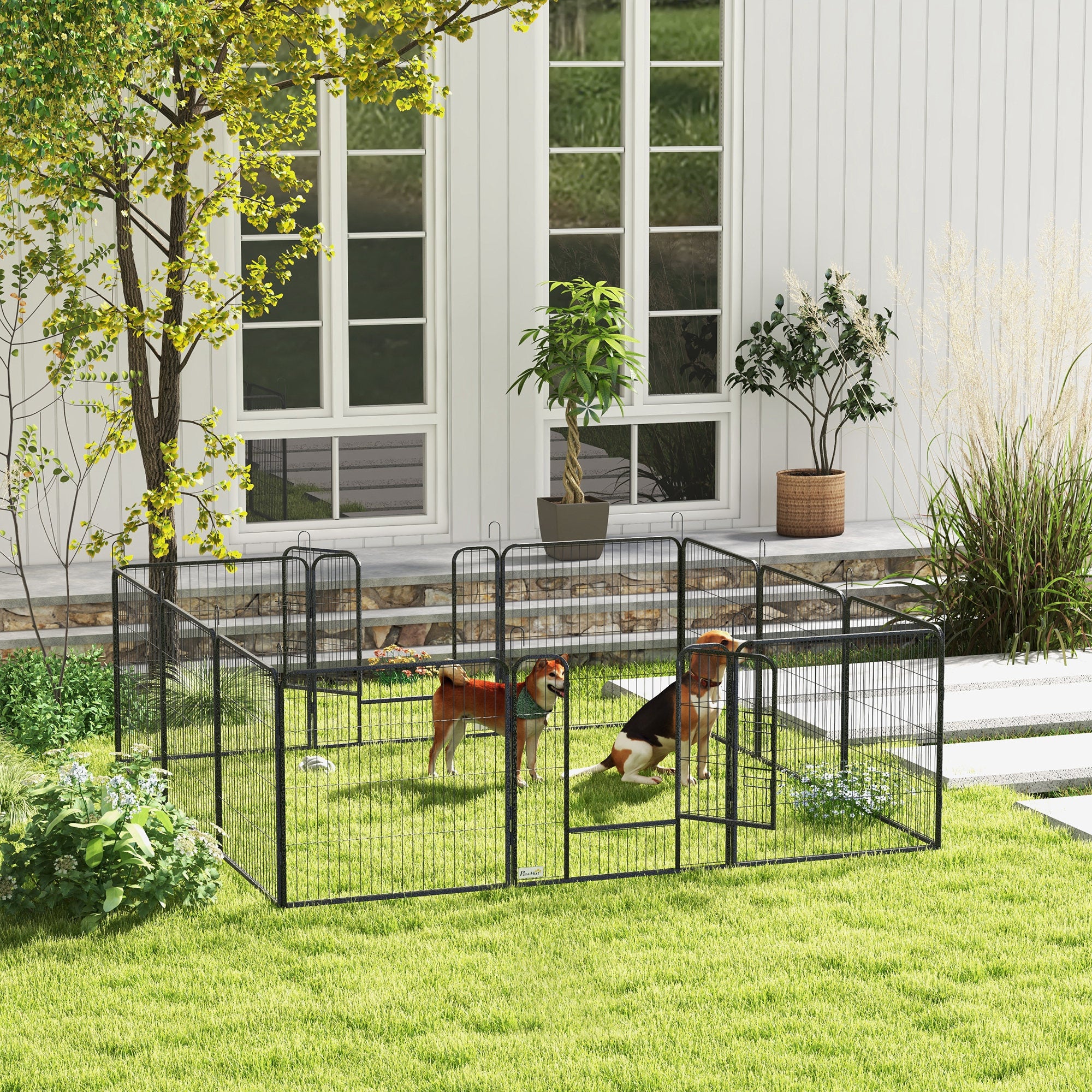 12-Panel Dog Playpen with Gate - Grey Steel 31.5"H Indoor/Outdoor-Dogs-DECOROLALA