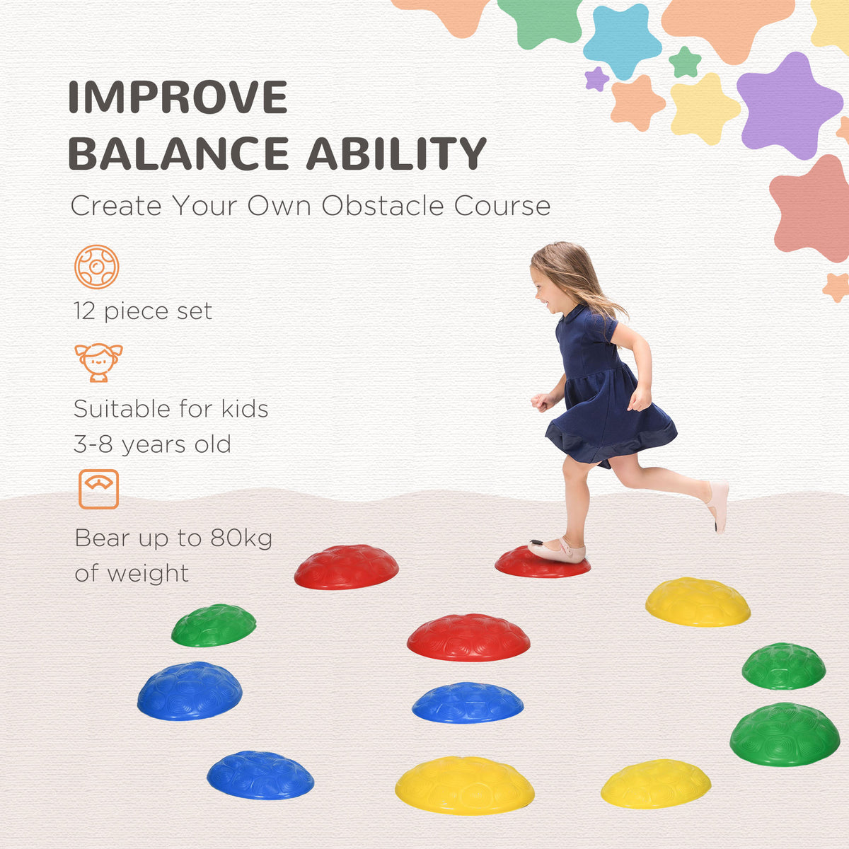 12 PCs Balance Stepping Stones for Kids with Anti-slip Mat, Turtle Shell Design, for Ages 3-8 Years, Stackable-Toys & Games > Baby & Toddler Toys > Kids Gym & Playmats-DECOROLALA
