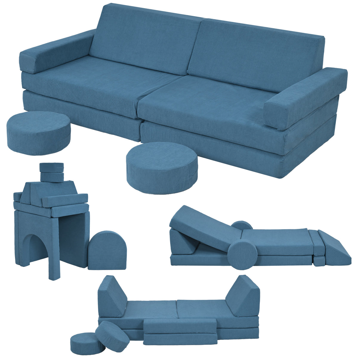 12-Piece Modular Kids Play Couch Building Fort for Playroom Bedroom, Convertible Kids Sofa, Blue-Toys & Games > Baby & Toddler Toys > Kids Gym & Playmats-DECOROLALA