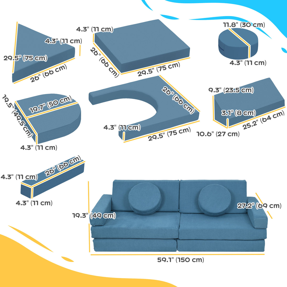 12-Piece Modular Kids Play Couch Building Fort for Playroom Bedroom, Convertible Kids Sofa, Blue-Toys & Games > Baby & Toddler Toys > Kids Gym & Playmats-DECOROLALA