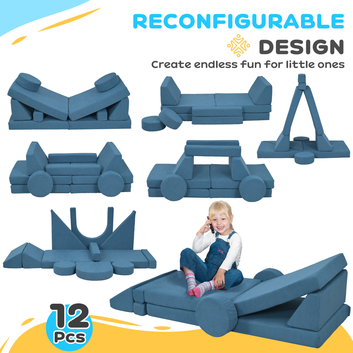 12-Piece Modular Kids Play Couch Building Fort for Playroom Bedroom, Convertible Kids Sofa, Blue-Toys & Games > Baby & Toddler Toys > Kids Gym & Playmats-DECOROLALA
