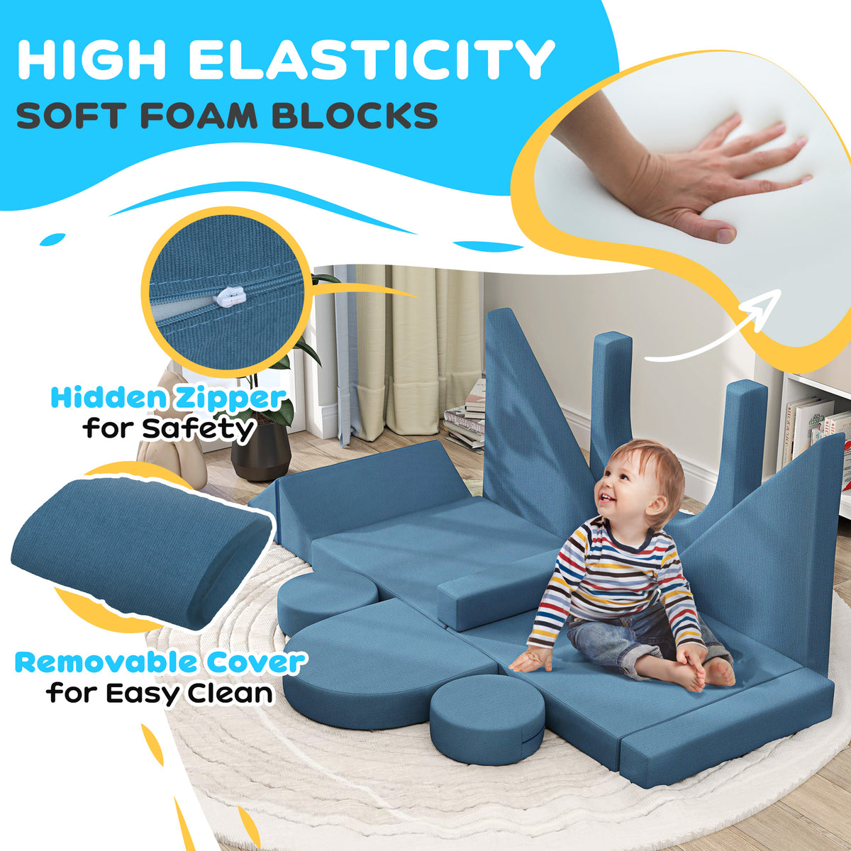 12-Piece Modular Kids Play Couch Building Fort for Playroom Bedroom, Convertible Kids Sofa, Blue-Toys & Games > Baby & Toddler Toys > Kids Gym & Playmats-DECOROLALA