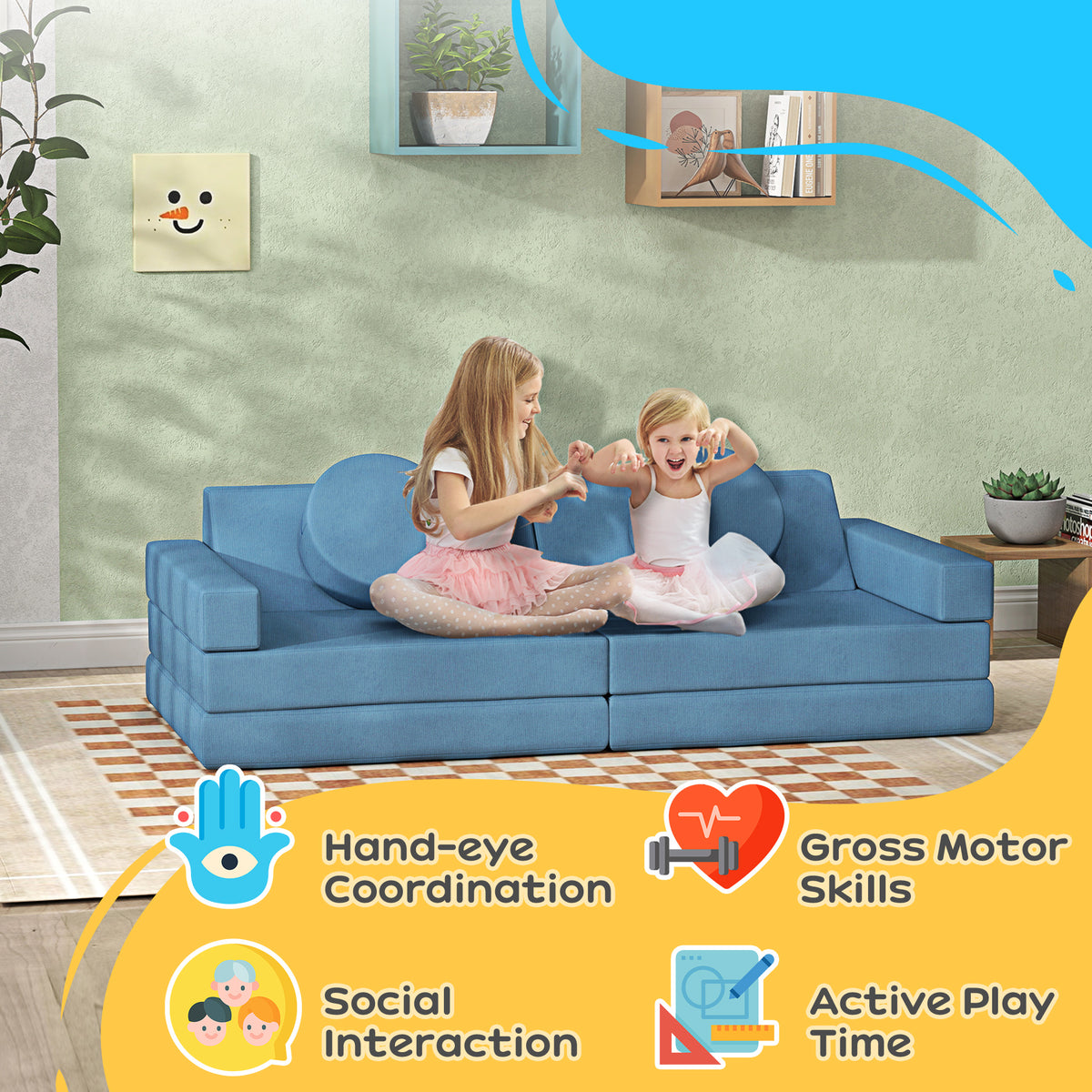 12-Piece Modular Kids Play Couch Building Fort for Playroom Bedroom, Convertible Kids Sofa, Blue-Toys & Games > Baby & Toddler Toys > Kids Gym & Playmats-DECOROLALA