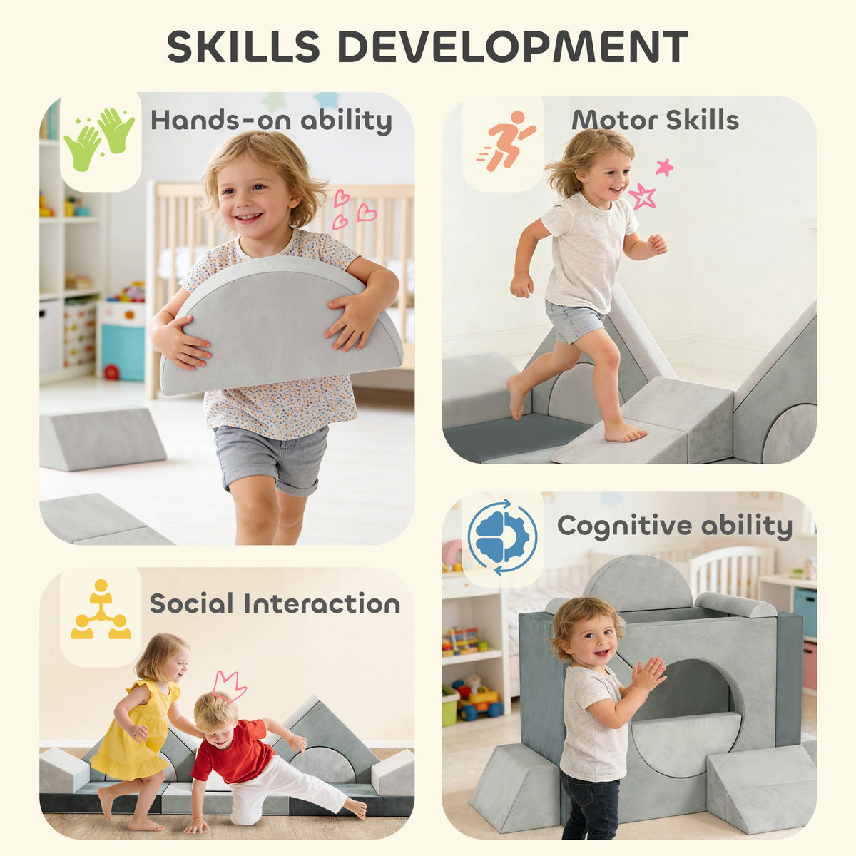 12 PCS Modular Kids Play Couch, Child Sectional Sofa for Toddlers, Convertible Foam and Floor Cushion, Grey-Toys & Games > Baby & Toddler Toys > Kids Gym & Playmats-DECOROLALA