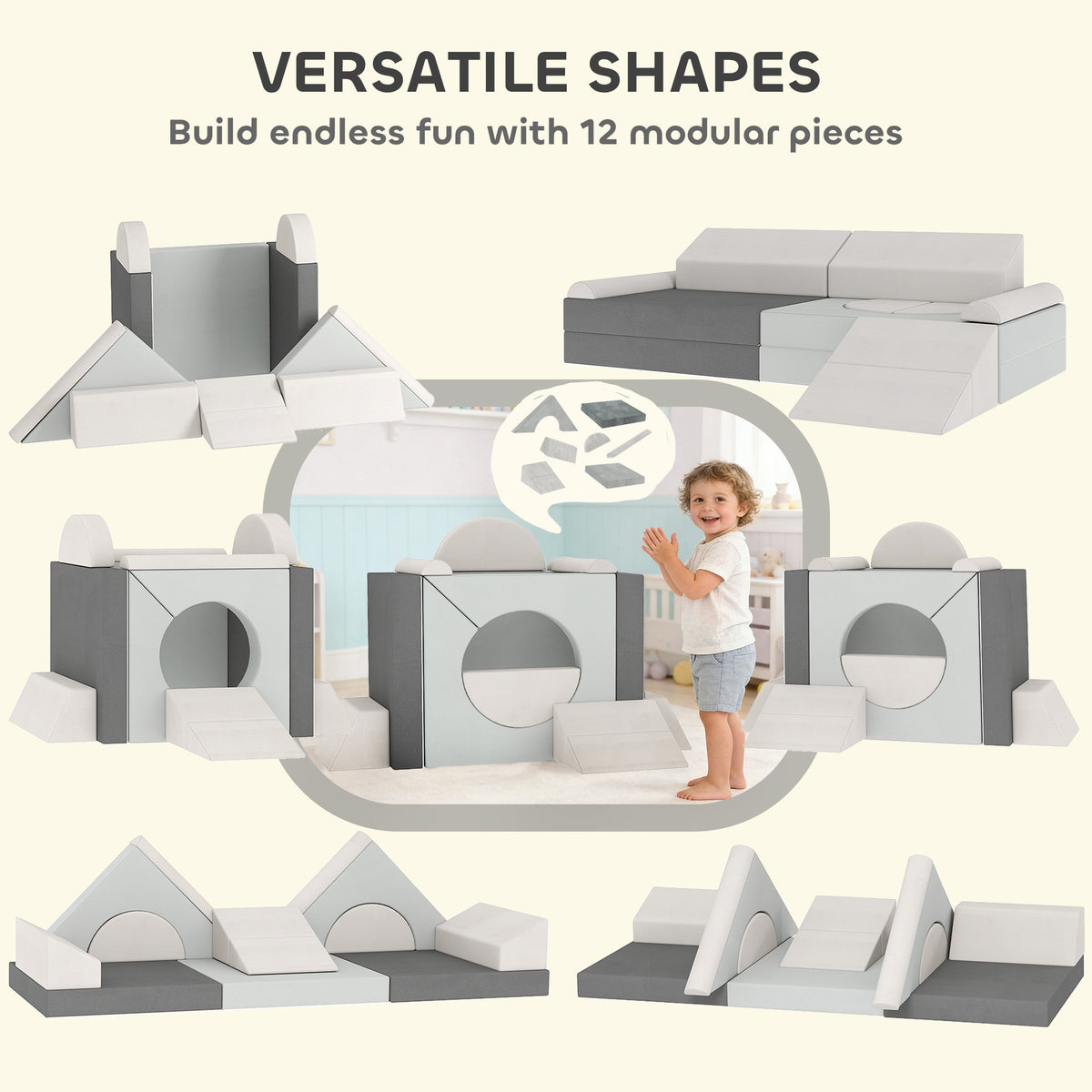 12 PCS Modular Kids Play Couch, Child Sectional Sofa for Toddlers, Convertible Foam and Floor Cushion, Grey-Toys & Games > Baby & Toddler Toys > Kids Gym & Playmats-DECOROLALA