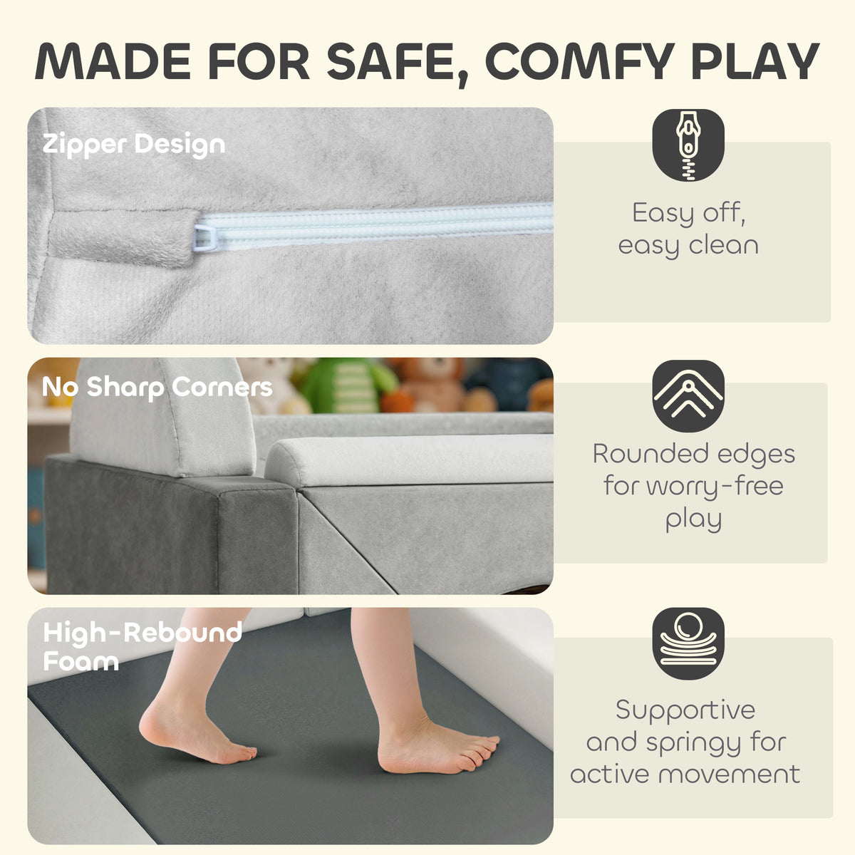 12 PCS Modular Kids Play Couch, Child Sectional Sofa for Toddlers, Convertible Foam and Floor Cushion, Grey-Toys & Games > Baby & Toddler Toys > Kids Gym & Playmats-DECOROLALA