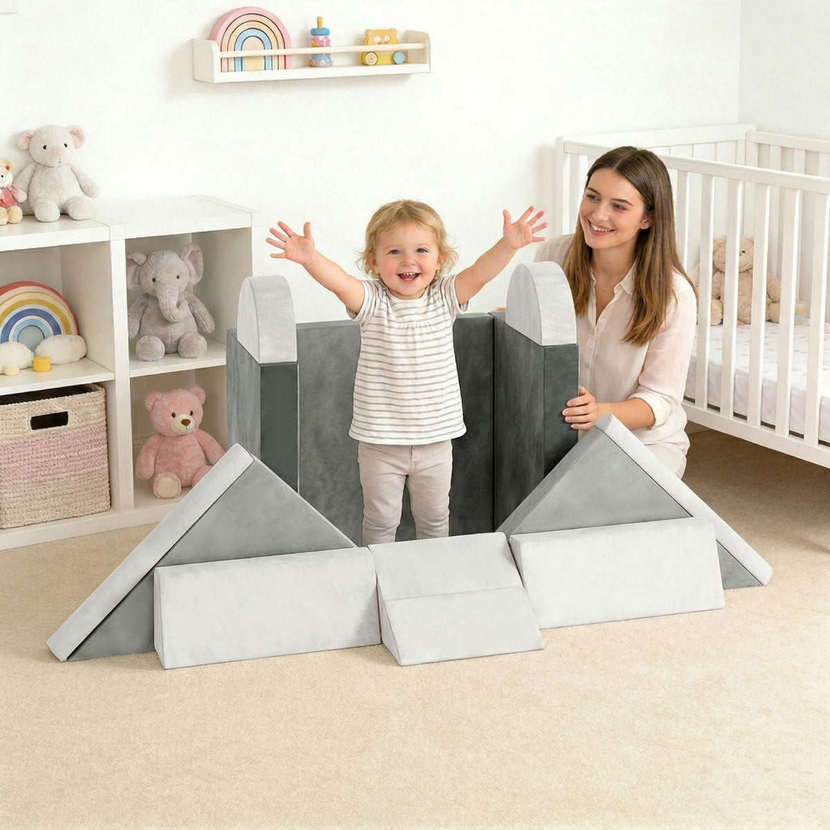 12 PCS Modular Kids Play Couch, Child Sectional Sofa for Toddlers, Convertible Foam and Floor Cushion, Grey-Toys & Games > Baby & Toddler Toys > Kids Gym & Playmats-DECOROLALA
