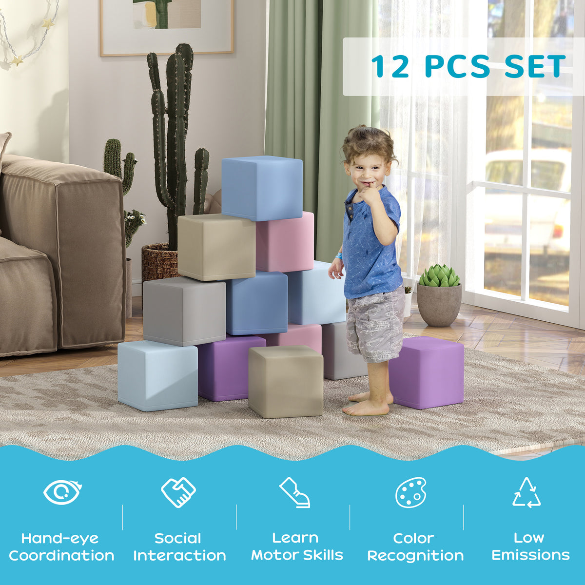 12 Piece Soft Play Blocks Soft Foam Toy Building And Stacking Blocks - Multicolours-Toys & Games > Baby & Toddler Toys > Kids Gym & Playmats-DECOROLALA