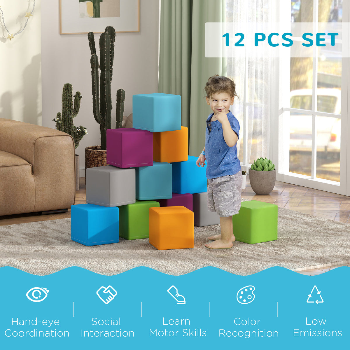 12 Piece Soft Play Blocks Soft Foam Toy Building And Stacking Blocks - Multicolours-Toys & Games > Baby & Toddler Toys > Kids Gym & Playmats-DECOROLALA
