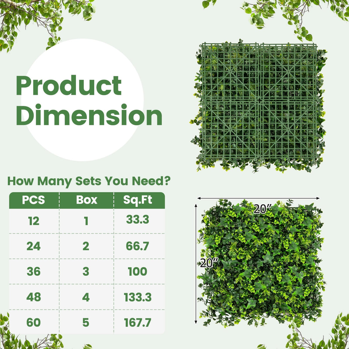 12 Pieces 20 x 20 Inch Artificial Greenery Foliage Panels with Insertable Branches-Outdoor Privacy Screens-DECOROLALA