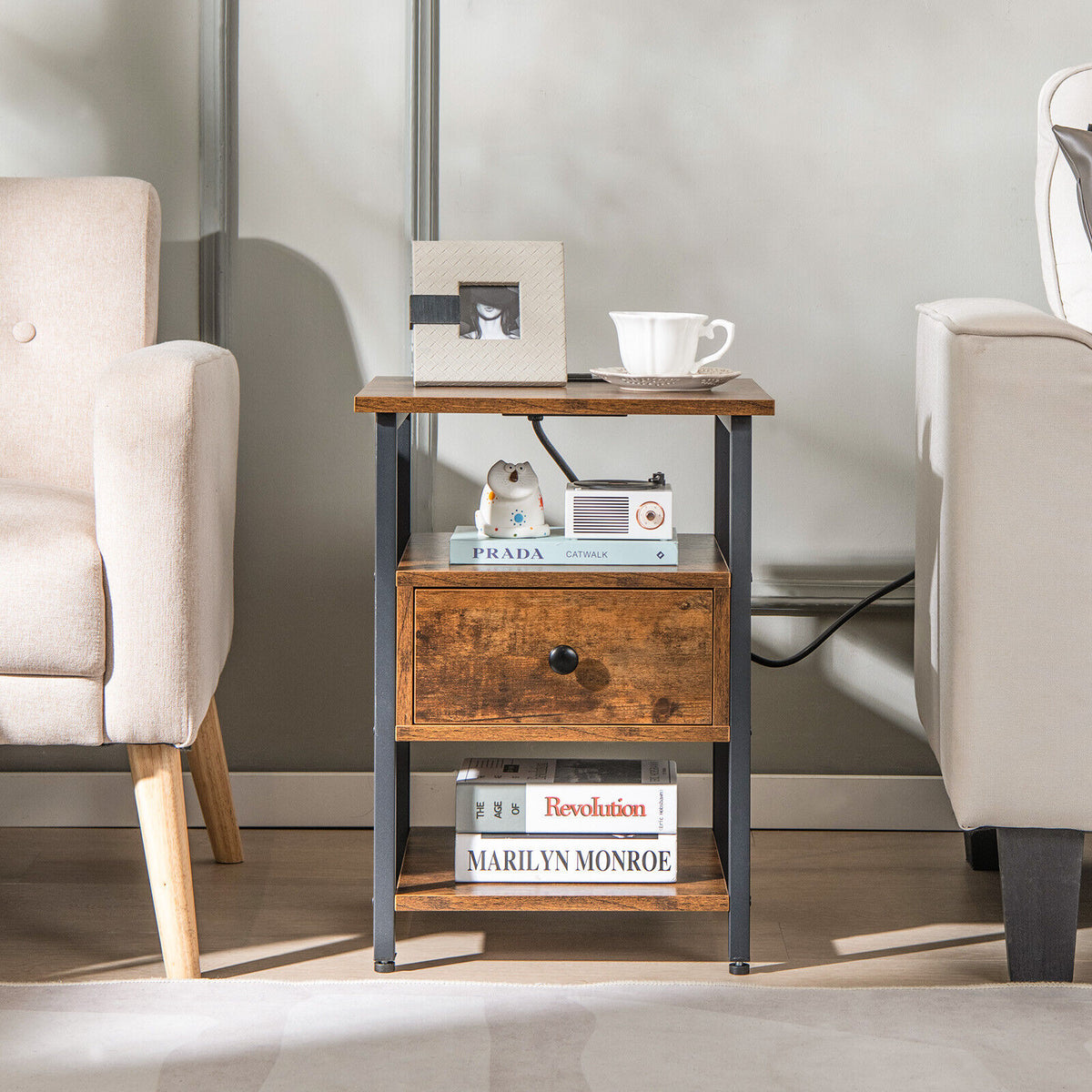 1/2 Pieces 3-Tier Nightstand with Charging Station and Drawer-1 Piece-Nightstands-DECOROLALA