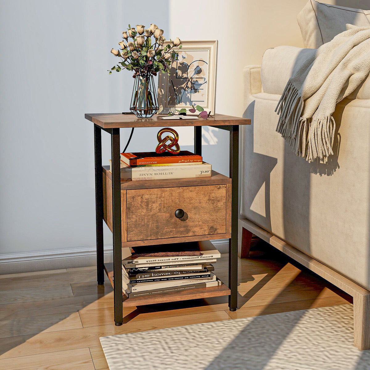 1/2 Pieces 3-Tier Nightstand with Charging Station and Drawer-1 Piece-Nightstands-DECOROLALA
