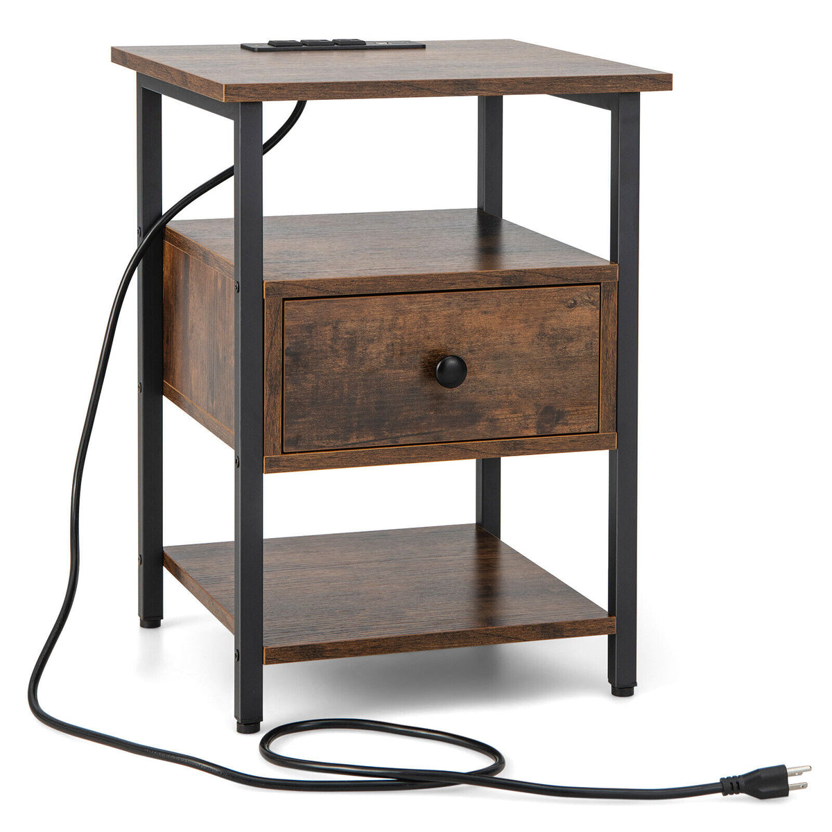 1/2 Pieces 3-Tier Nightstand with Charging Station and Drawer-1 Piece-Nightstands-DECOROLALA