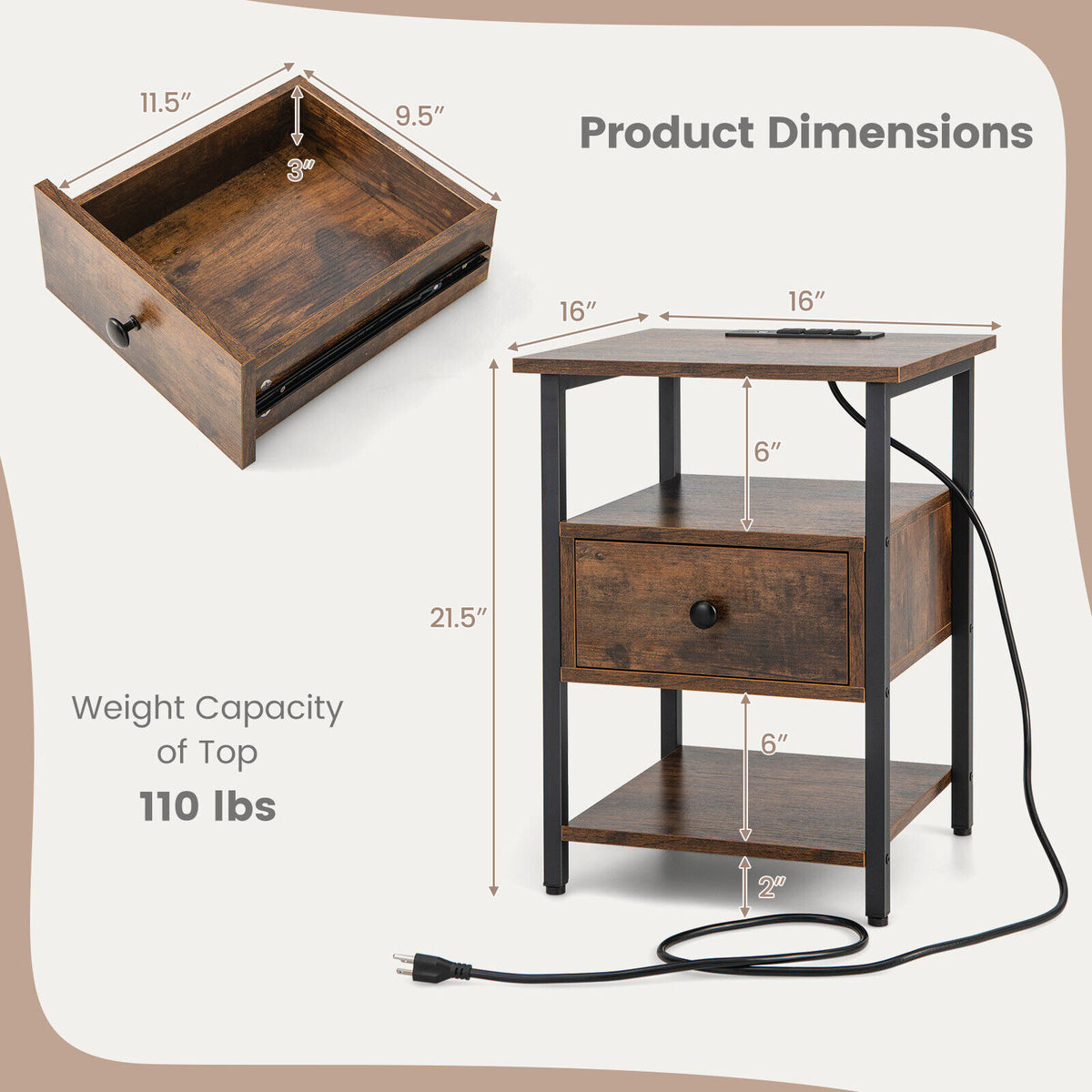 1/2 Pieces 3-Tier Nightstand with Charging Station and Drawer-1 Piece-Nightstands-DECOROLALA