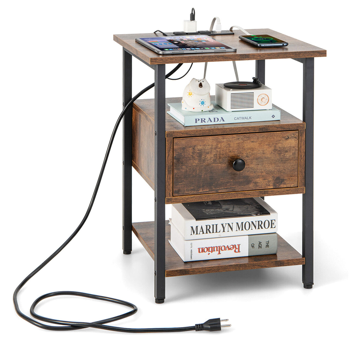 1/2 Pieces 3-Tier Nightstand with Charging Station and Drawer-1 Piece-Nightstands-DECOROLALA