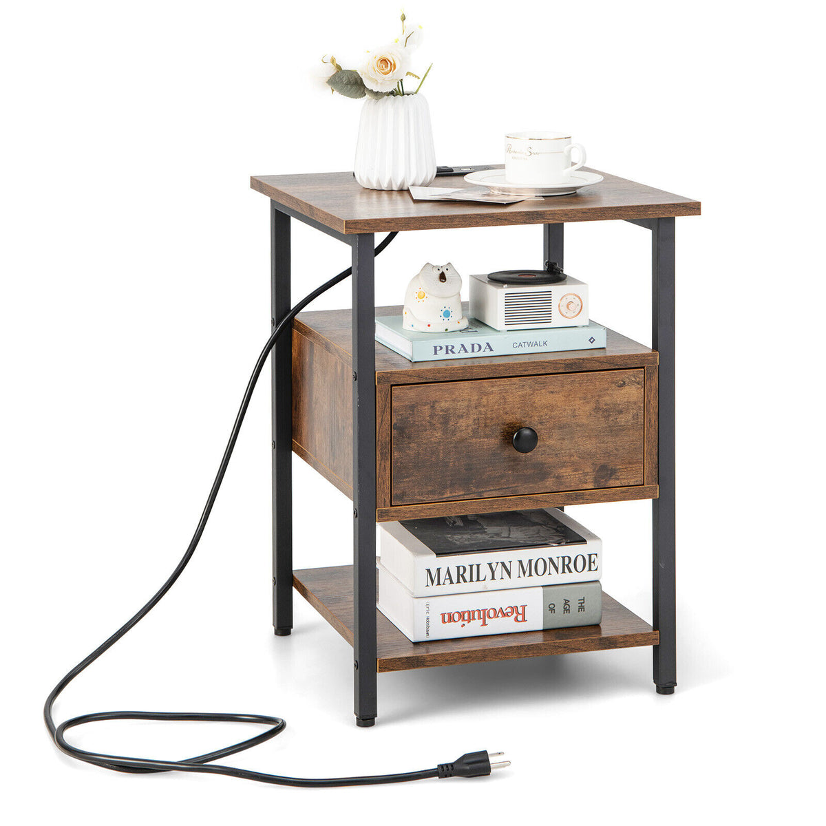 1/2 Pieces 3-Tier Nightstand with Charging Station and Drawer-1 Piece-Nightstands-DECOROLALA