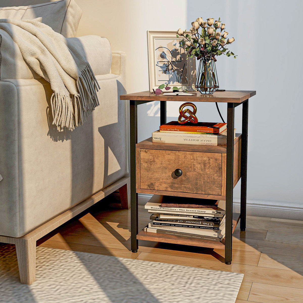 1/2 Pieces 3-Tier Nightstand with Charging Station and Drawer-Set of 2-Nightstands-DECOROLALA