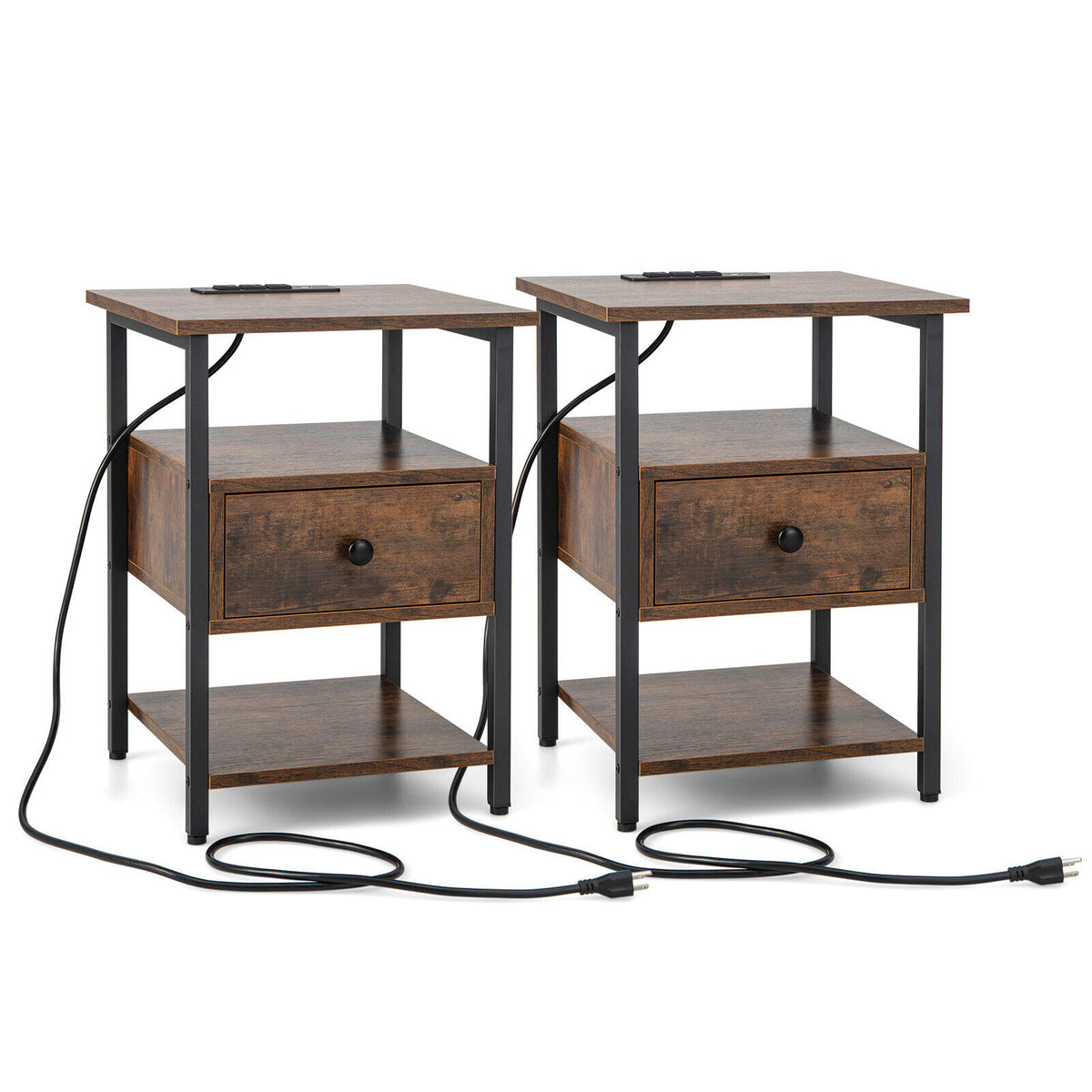 1/2 Pieces 3-Tier Nightstand with Charging Station and Drawer-Set of 2-Nightstands-DECOROLALA