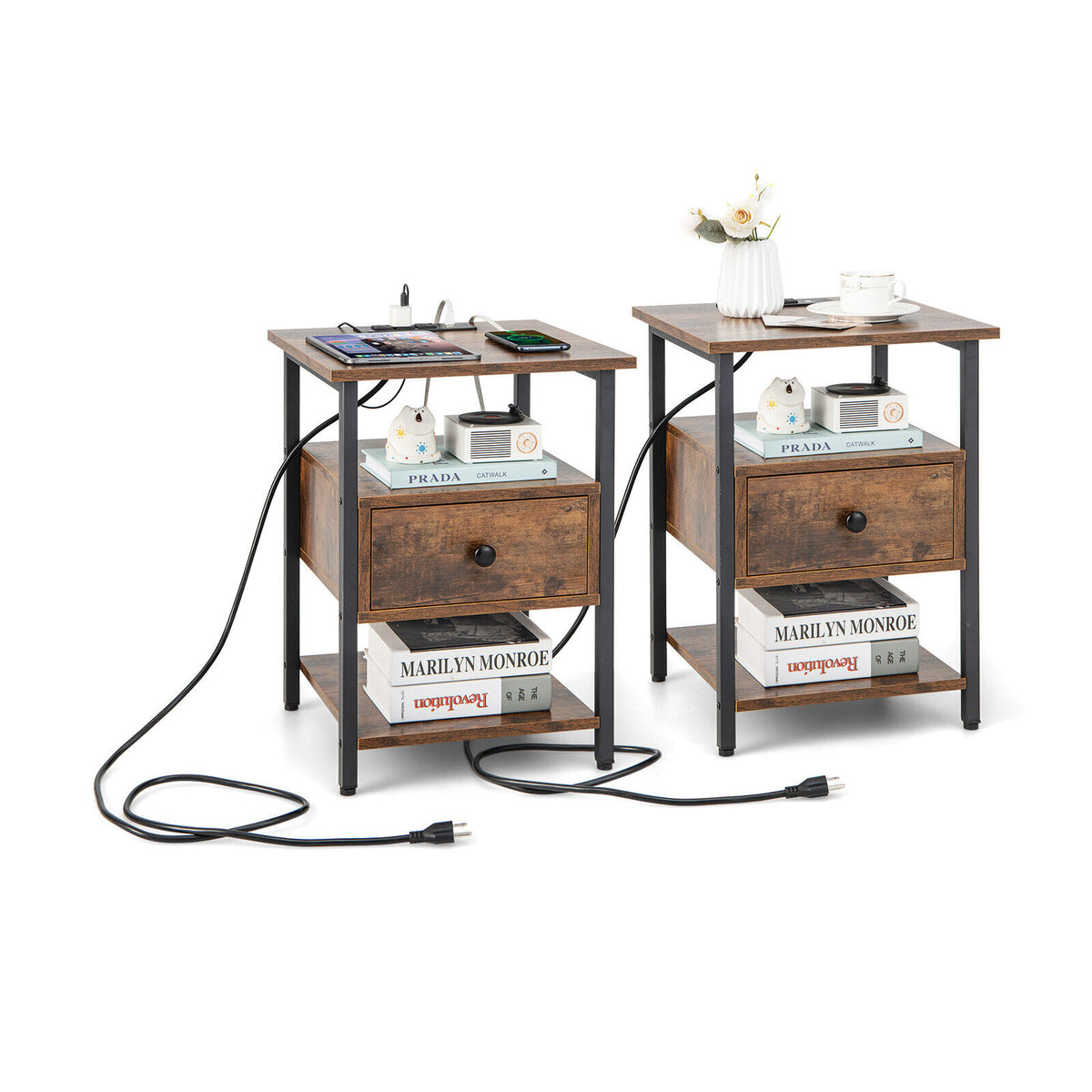 1/2 Pieces 3-Tier Nightstand with Charging Station and Drawer-Set of 2-Nightstands-DECOROLALA