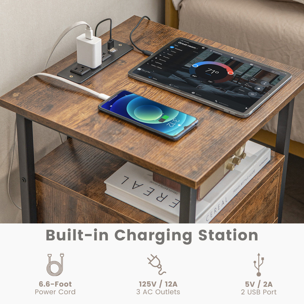 1/2 Pieces 3-Tier Nightstand with Charging Station and Drawer-Set of 2-Nightstands-DECOROLALA