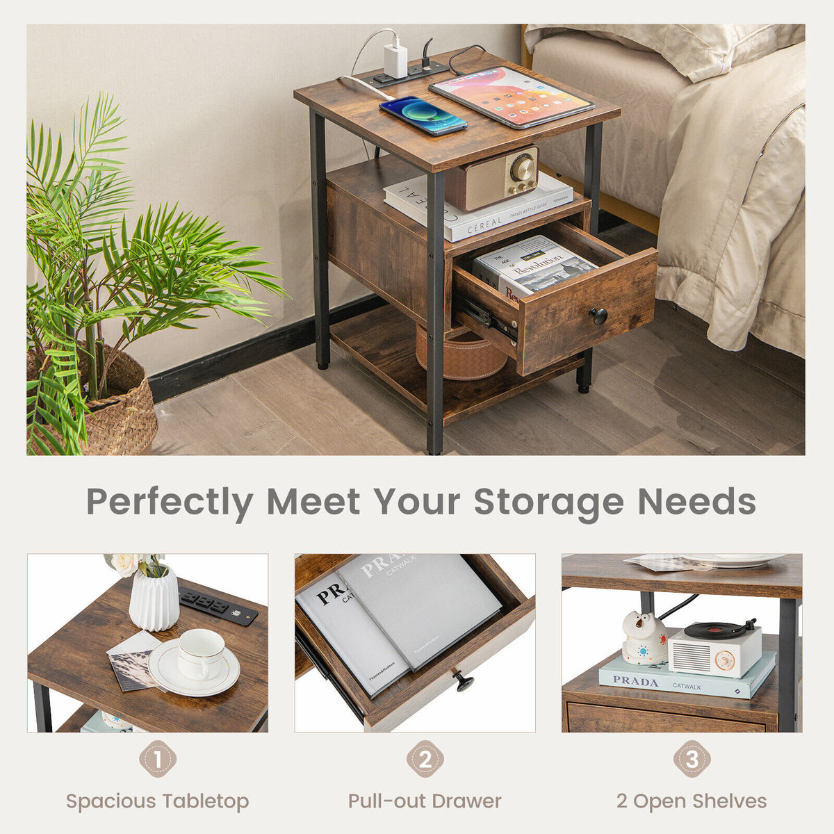 1/2 Pieces 3-Tier Nightstand with Charging Station and Drawer-Set of 2-Nightstands-DECOROLALA