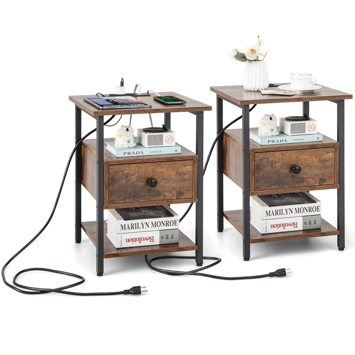 1/2 Pieces 3-Tier Nightstand with Charging Station and Drawer-Set of 2-Nightstands-DECOROLALA