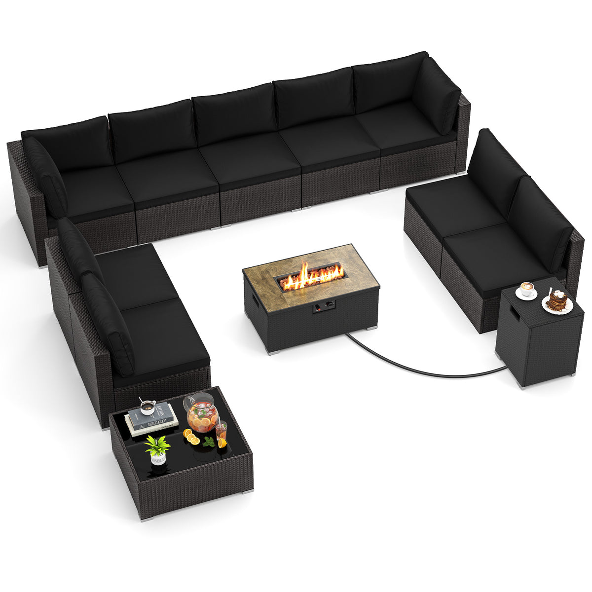 12 Pieces Outdoor Furniture Set with 32 Inch Fire Pit Table and Propane Tank Cover-Patio Conversation Sets-DECOROLALA