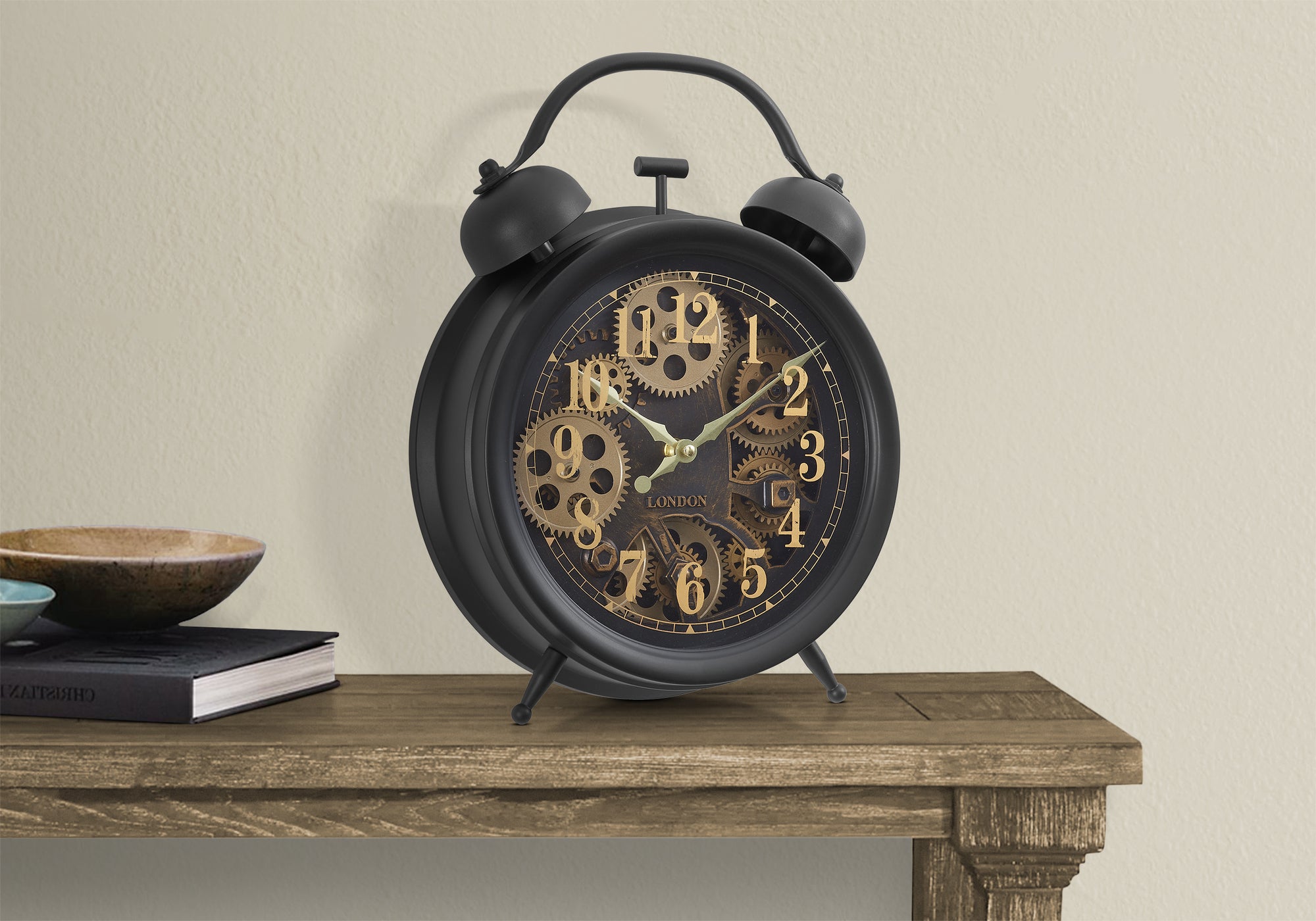 12" Round Table Clock with Gear Mechanism, Dark Brown-Clocks-DECOROLALA