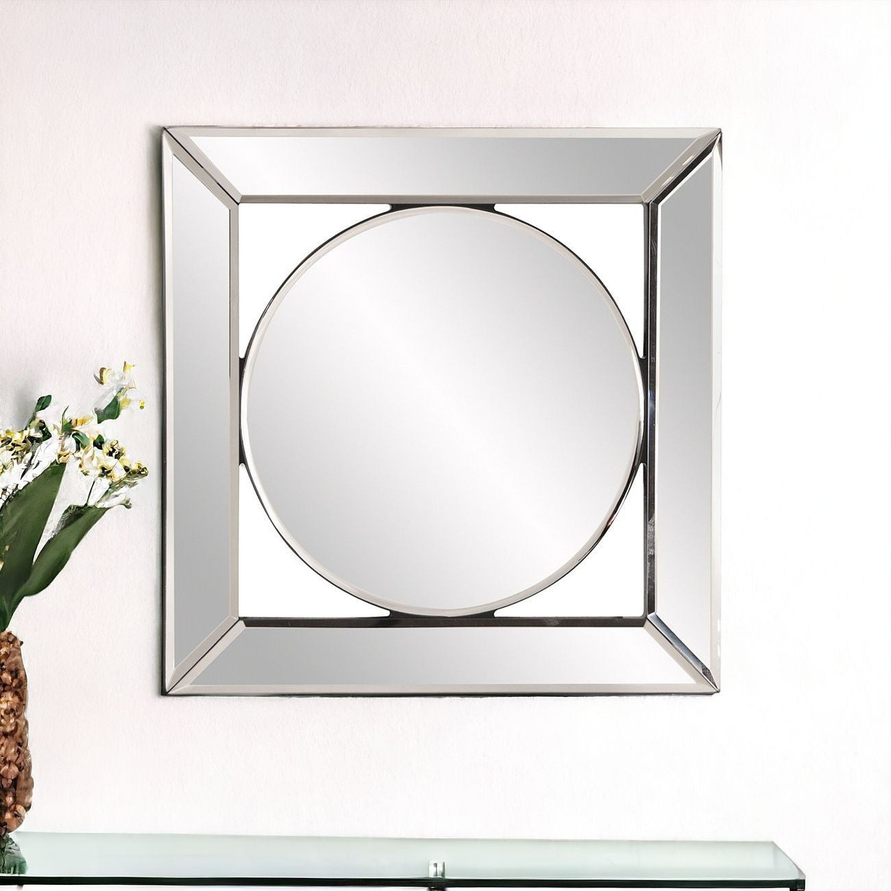 12" Round in Square Glass Framed Accent Mirror-Mirrors-DECOROLALA