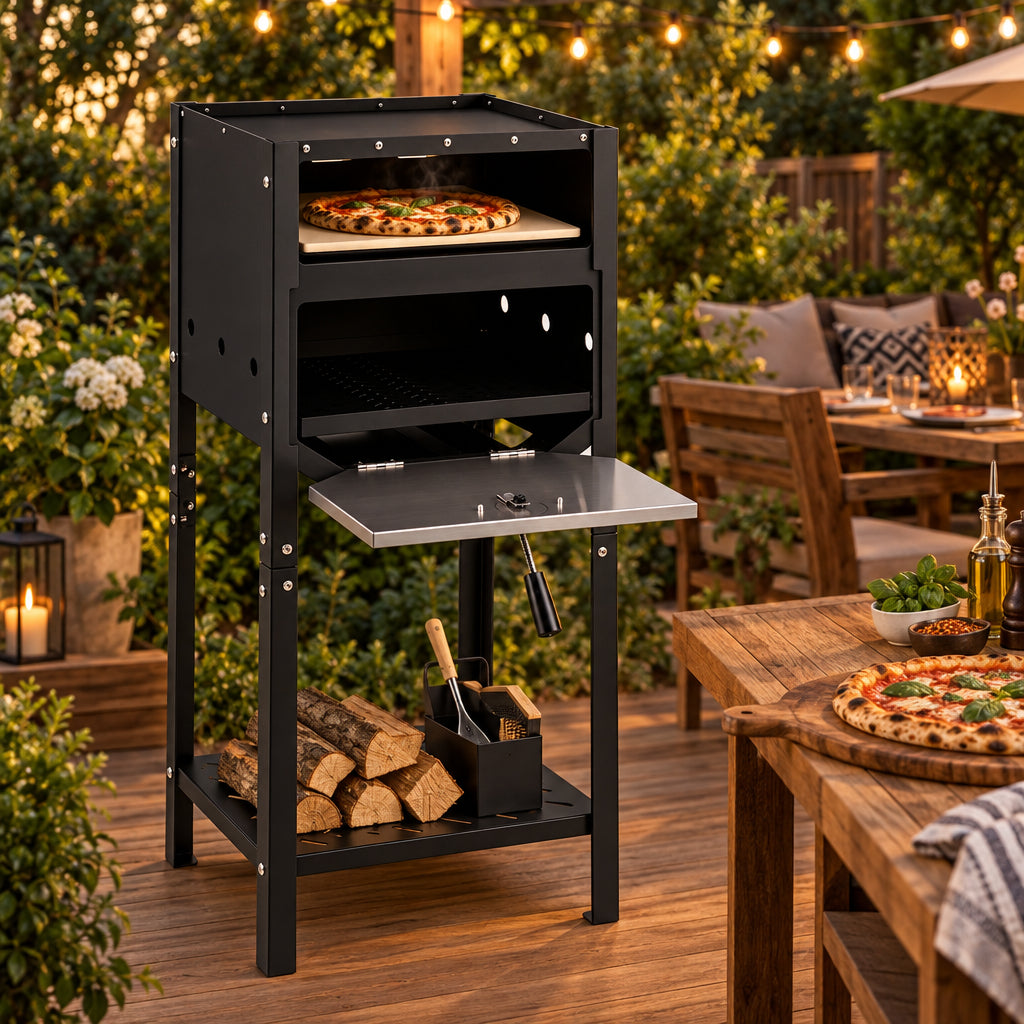 12" Wood-Fired Outdoor Pizza Oven with Ash Tray & Cover - Black-Outdoor Grills-DECOROLALA