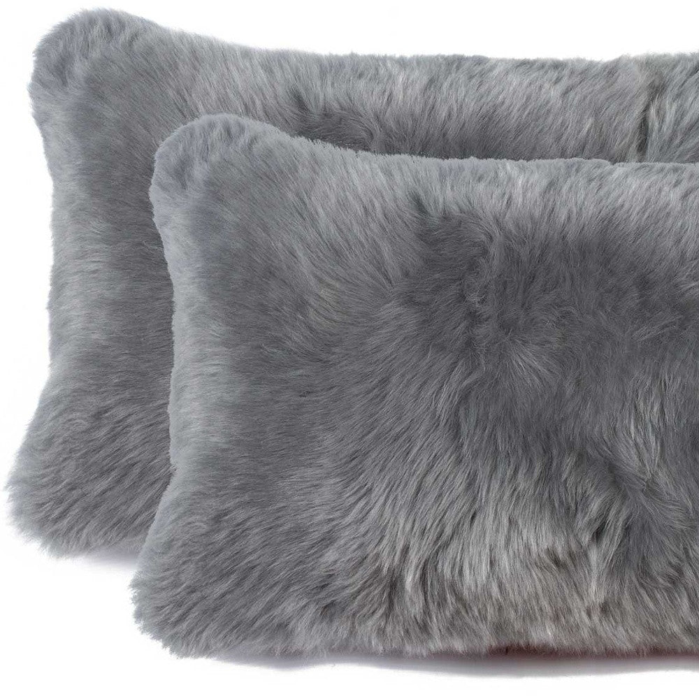 12" X 20" X 5" Gray Sheepskin Pillow 2 Pack-Accent Throw Pillows-DECOROLALA