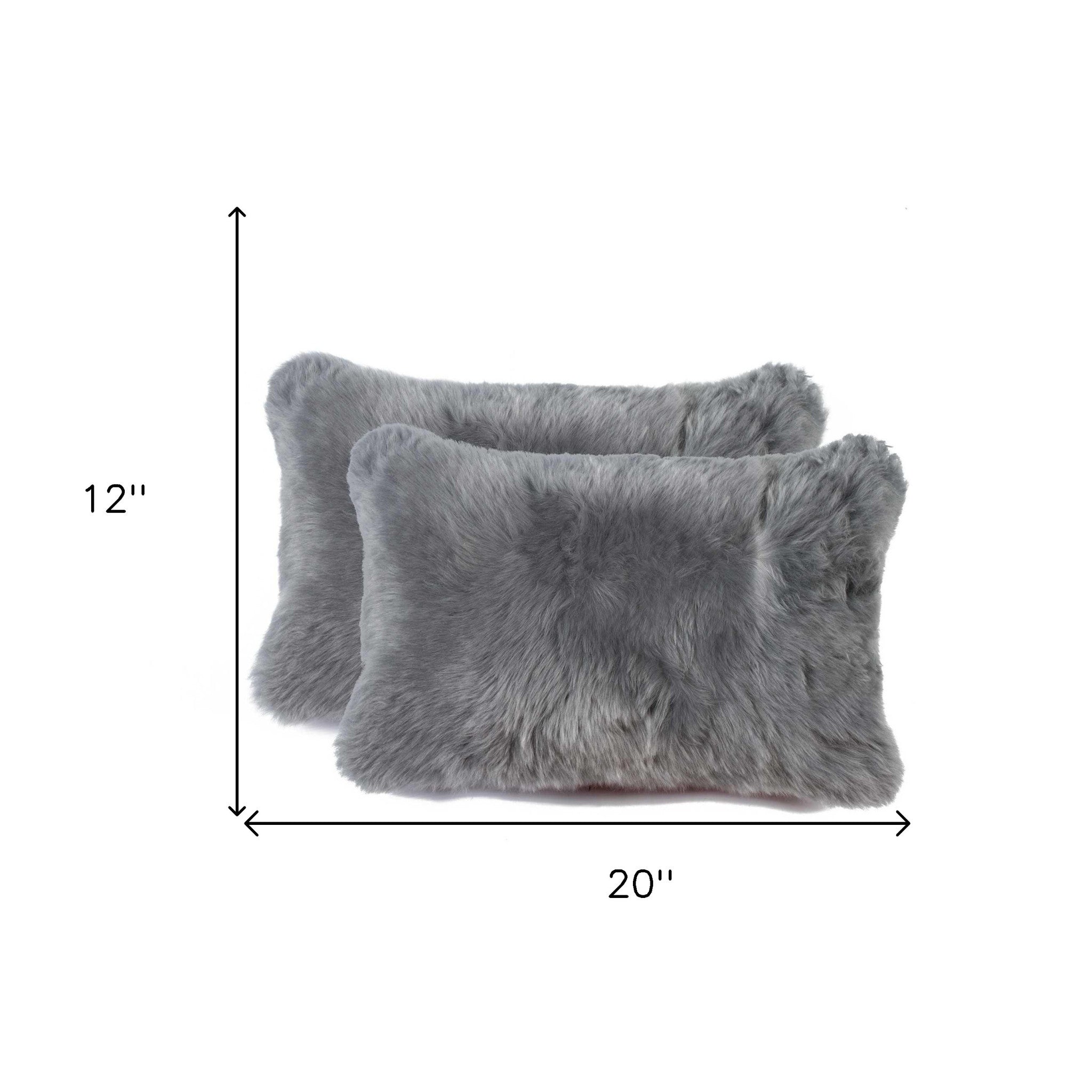 12" X 20" X 5" Gray Sheepskin Pillow 2 Pack-Accent Throw Pillows-DECOROLALA