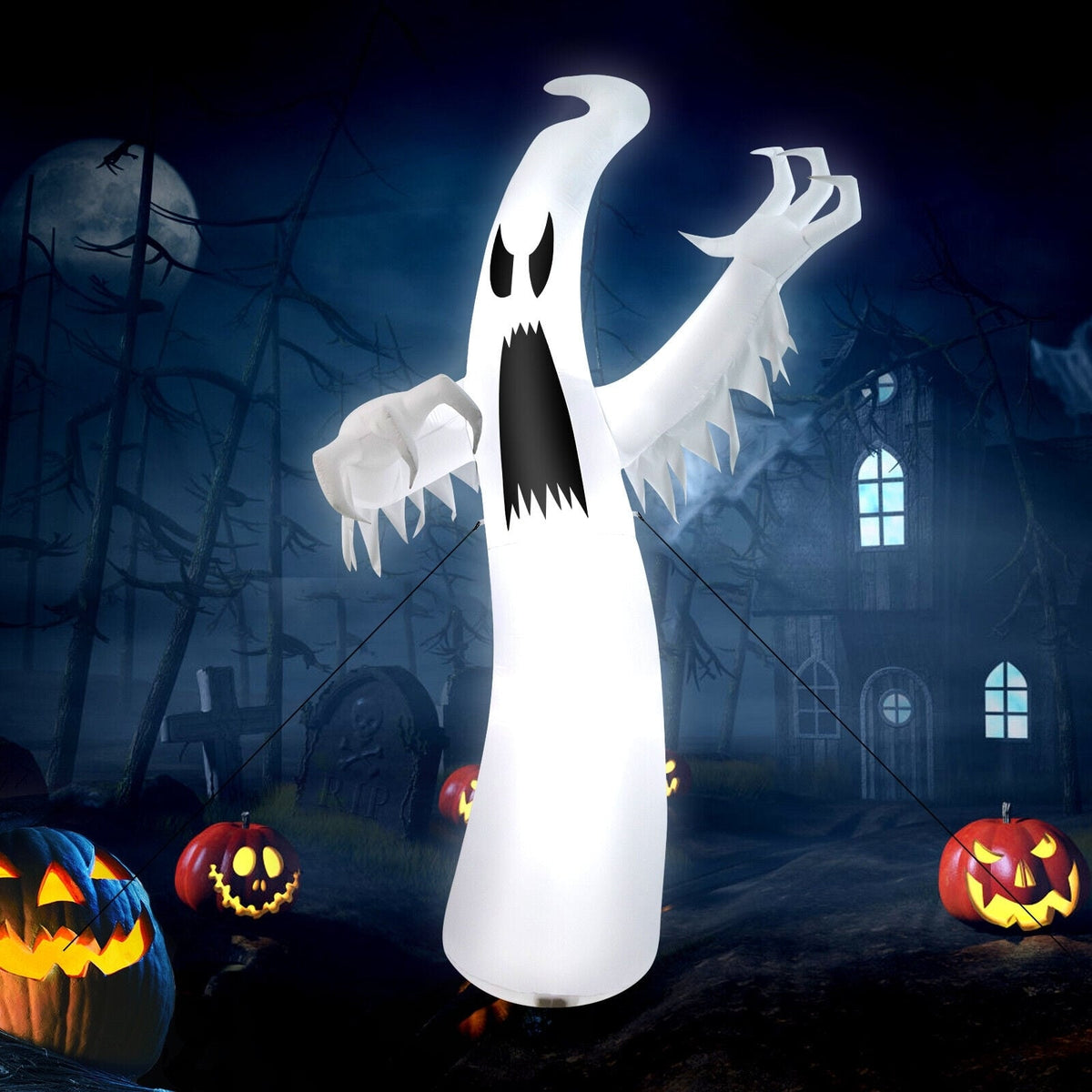 12 ft Halloween Inflatable Ghost with LED Lights - Outdoor White-Halloween Decorations-DECOROLALA