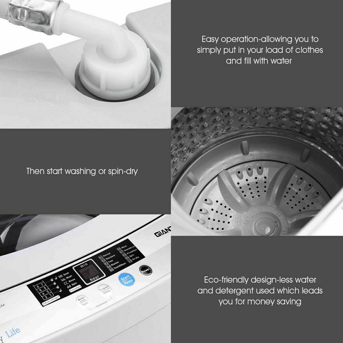 12 lbs Full-automatic Washing Machine with 10 Wash Programs-Washing Machines-DECOROLALA