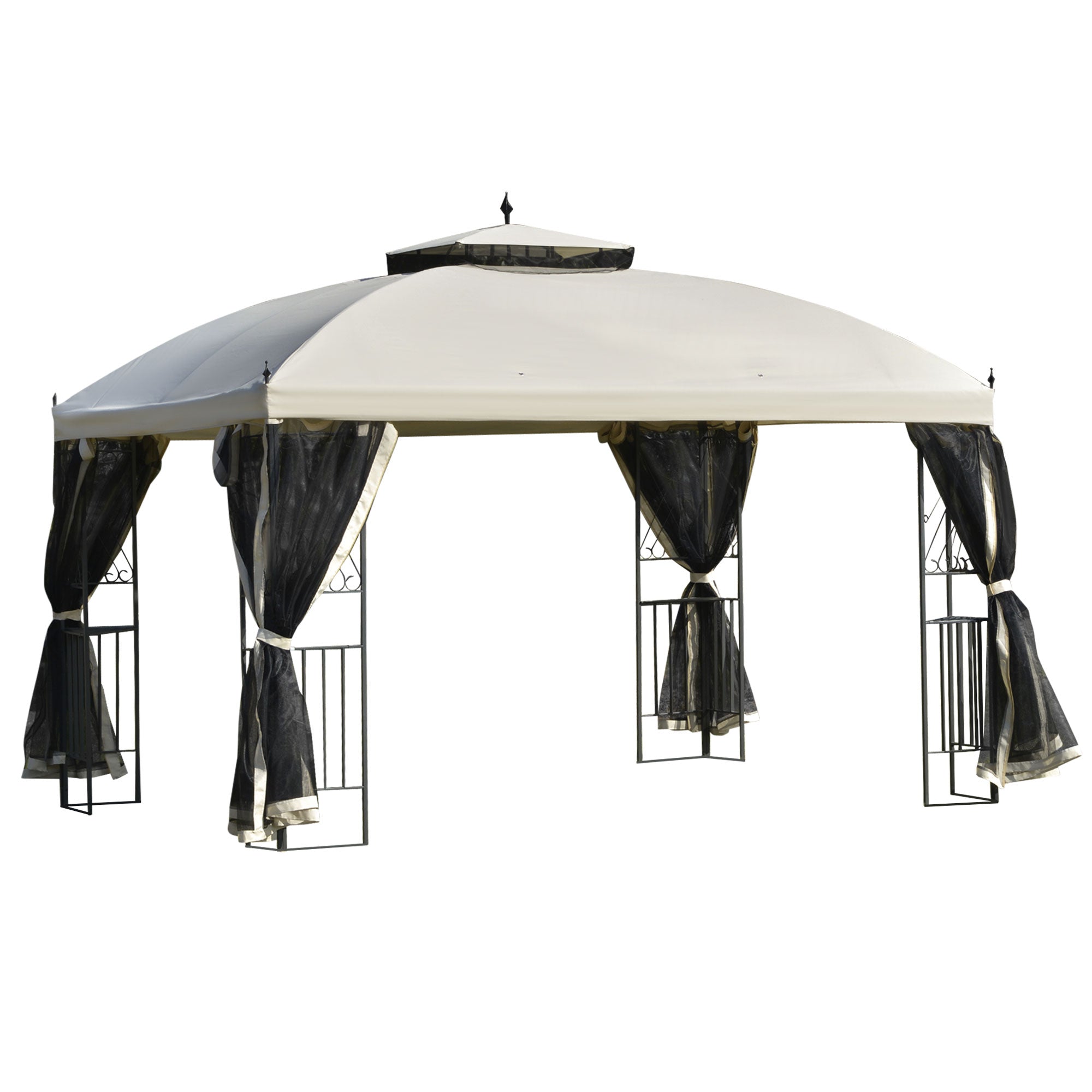 12' x 10' Patio Gazebo Double Roof Mesh Sidewalls Beige-DECOROLALA