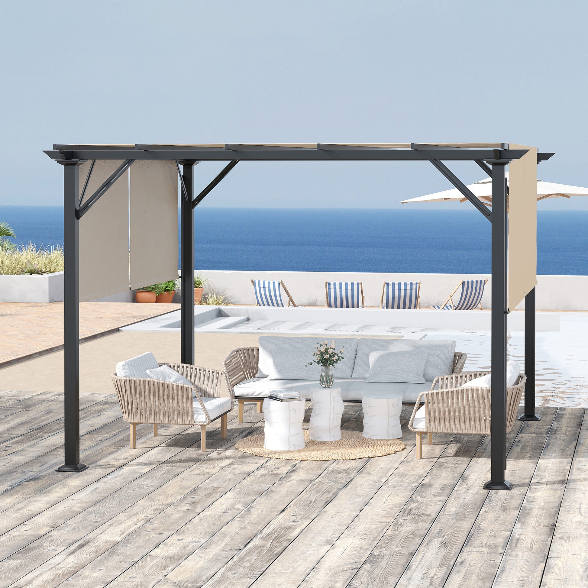 12' x 10' Patio Gazebo Pergola Retractable Canopy Beige-DECOROLALA