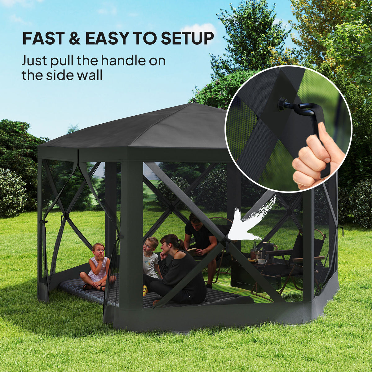 12' x 12' Hexagon Pop Up Screen Tent Camping Shelter Black-Camping Tents-DECOROLALA
